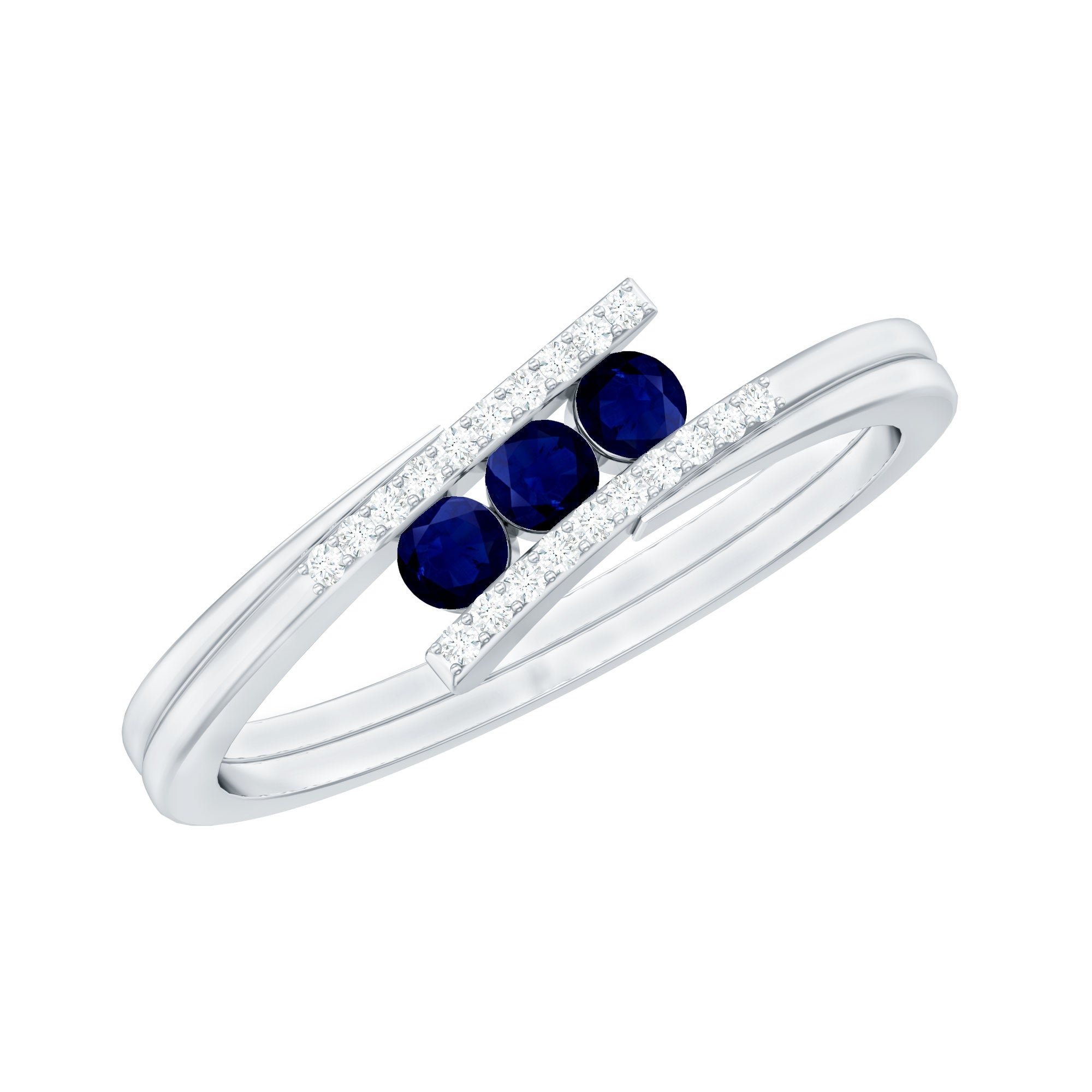 Natural Blue Sapphire 3 Stone Promise Ring with Diamond Bypass Shank AAA - Rosec Jewels