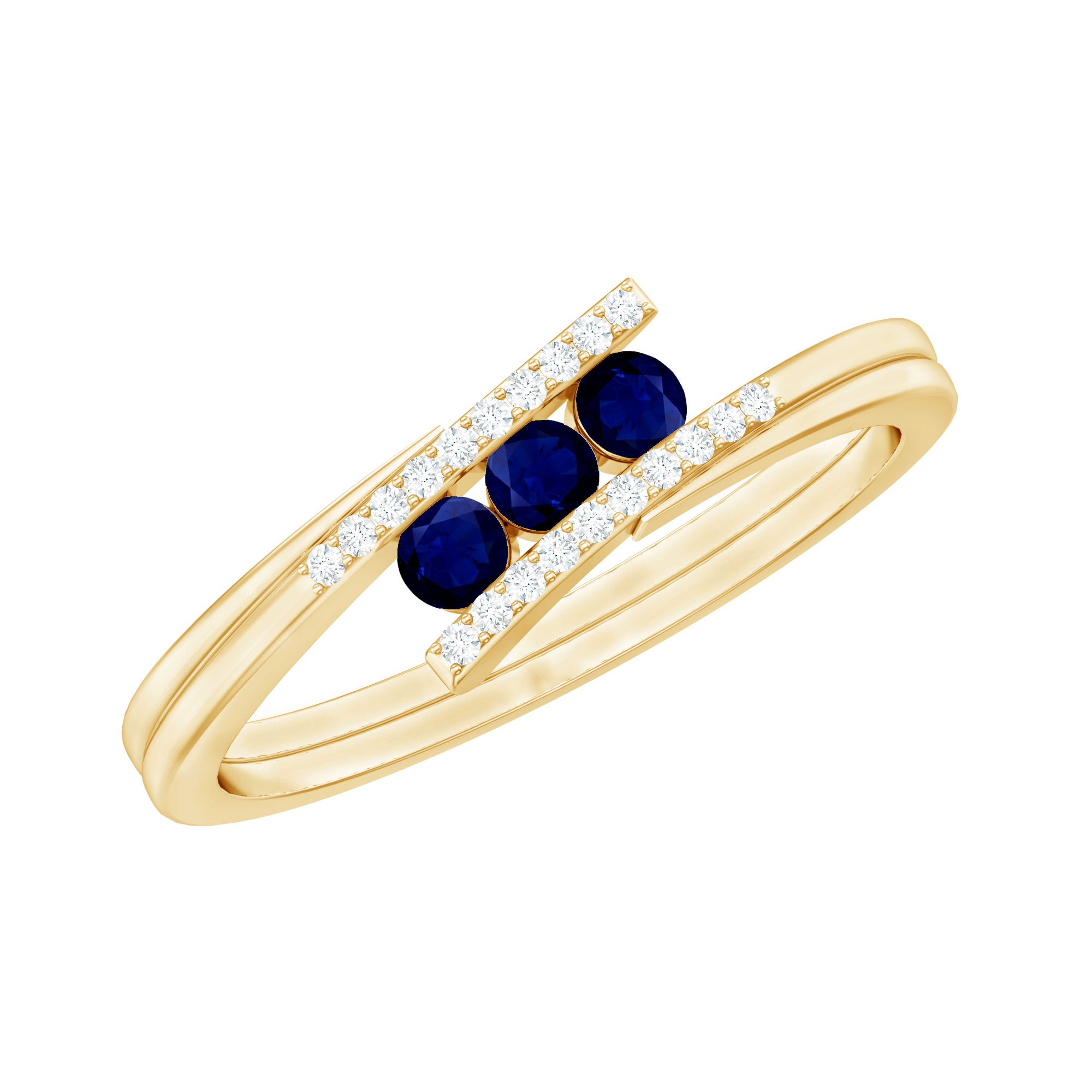 Natural Blue Sapphire 3 Stone Promise Ring with Diamond Bypass Shank AAA - Rosec Jewels