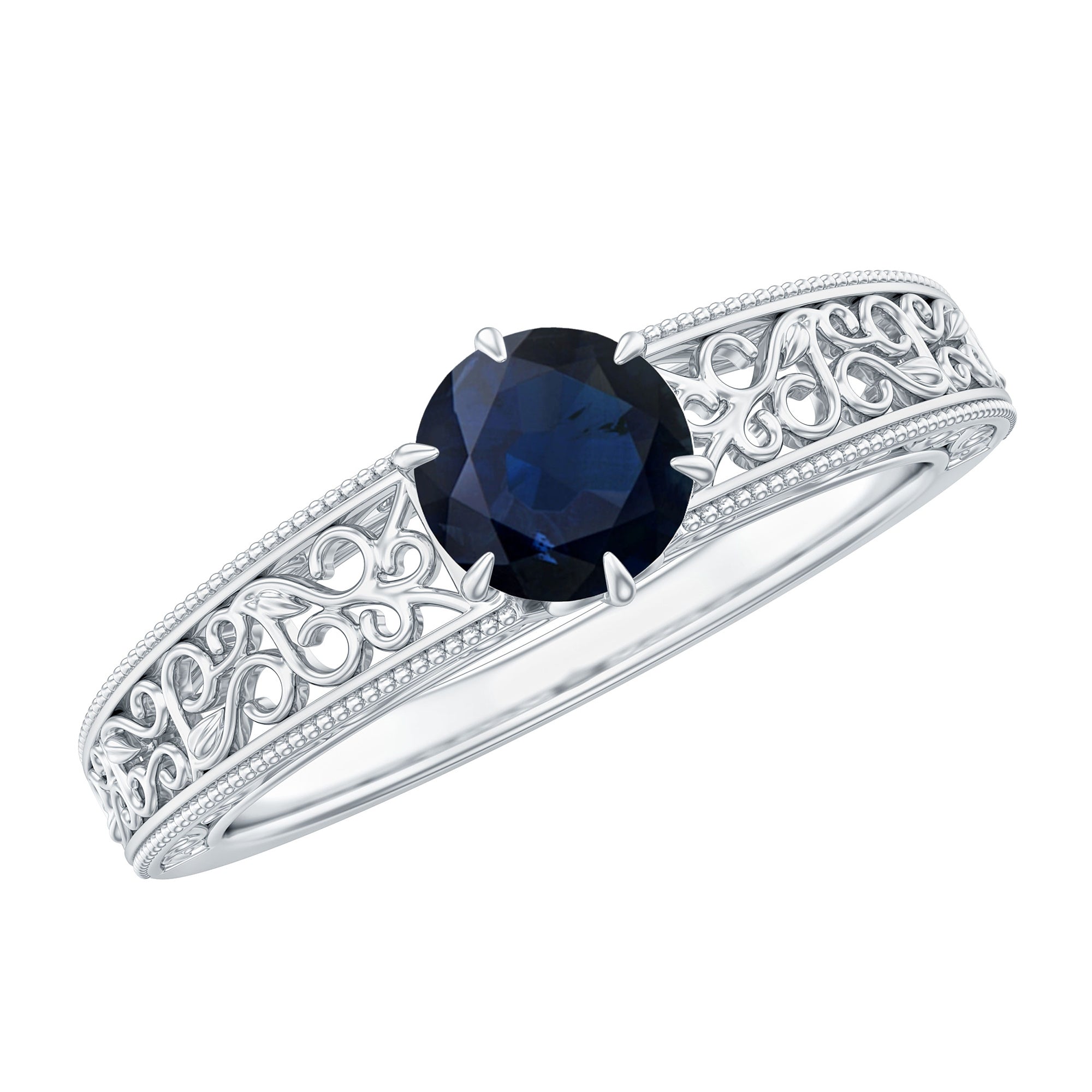 1 CT Round Cut Solitaire Blue Sapphire Filigree Engagement Ring