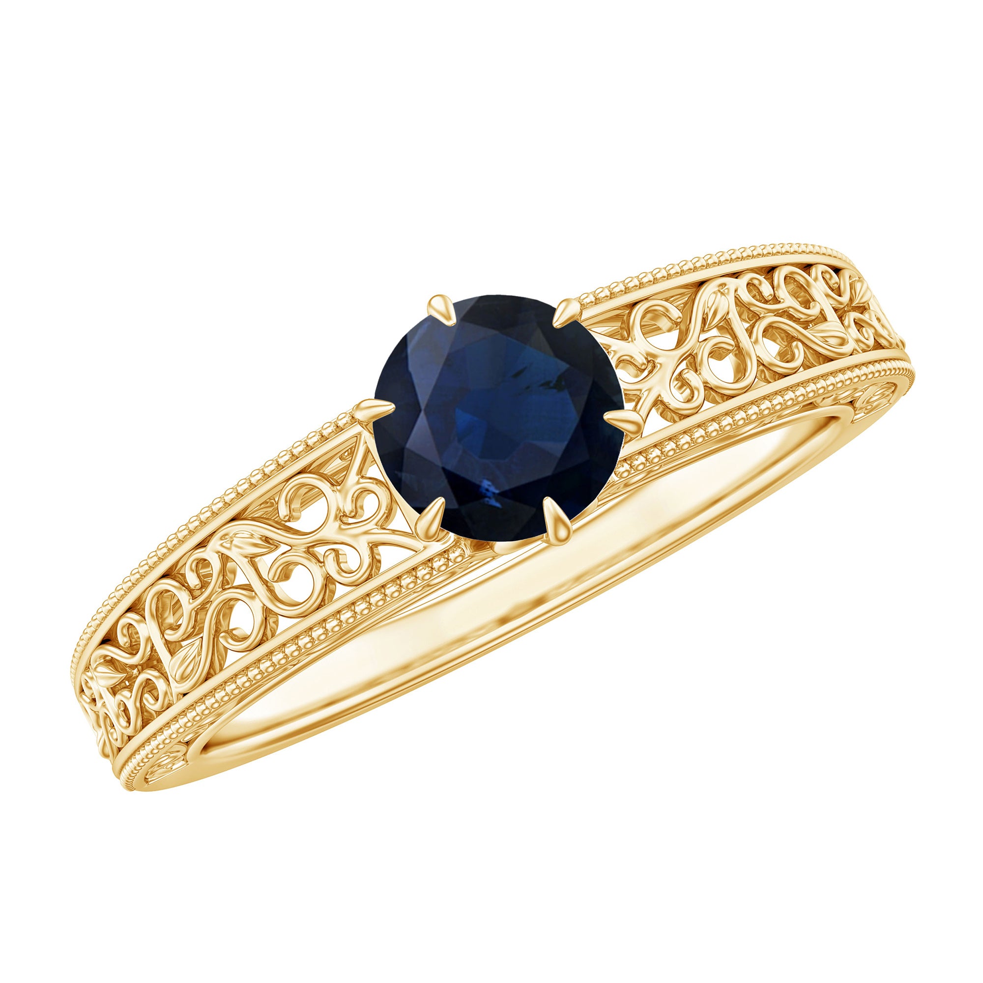 Vintage Inspired 0.9 Carat Blue Sapphire Filigree Engagement Ring for Women AAA - Rosec Jewels