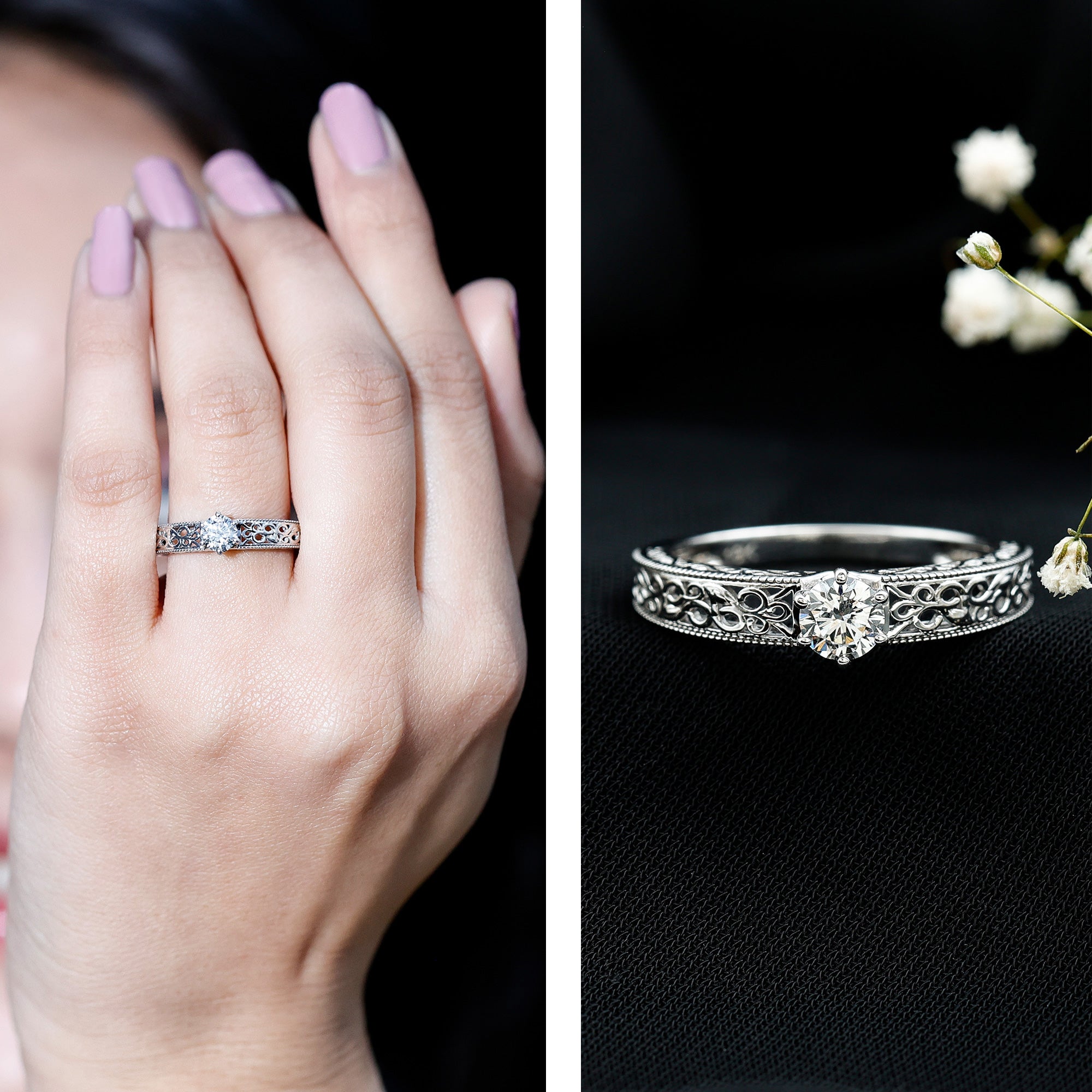 Round Cut Solitaire Moissanite Vintage Looking Engagement Ring D-VS1 - Rosec Jewels