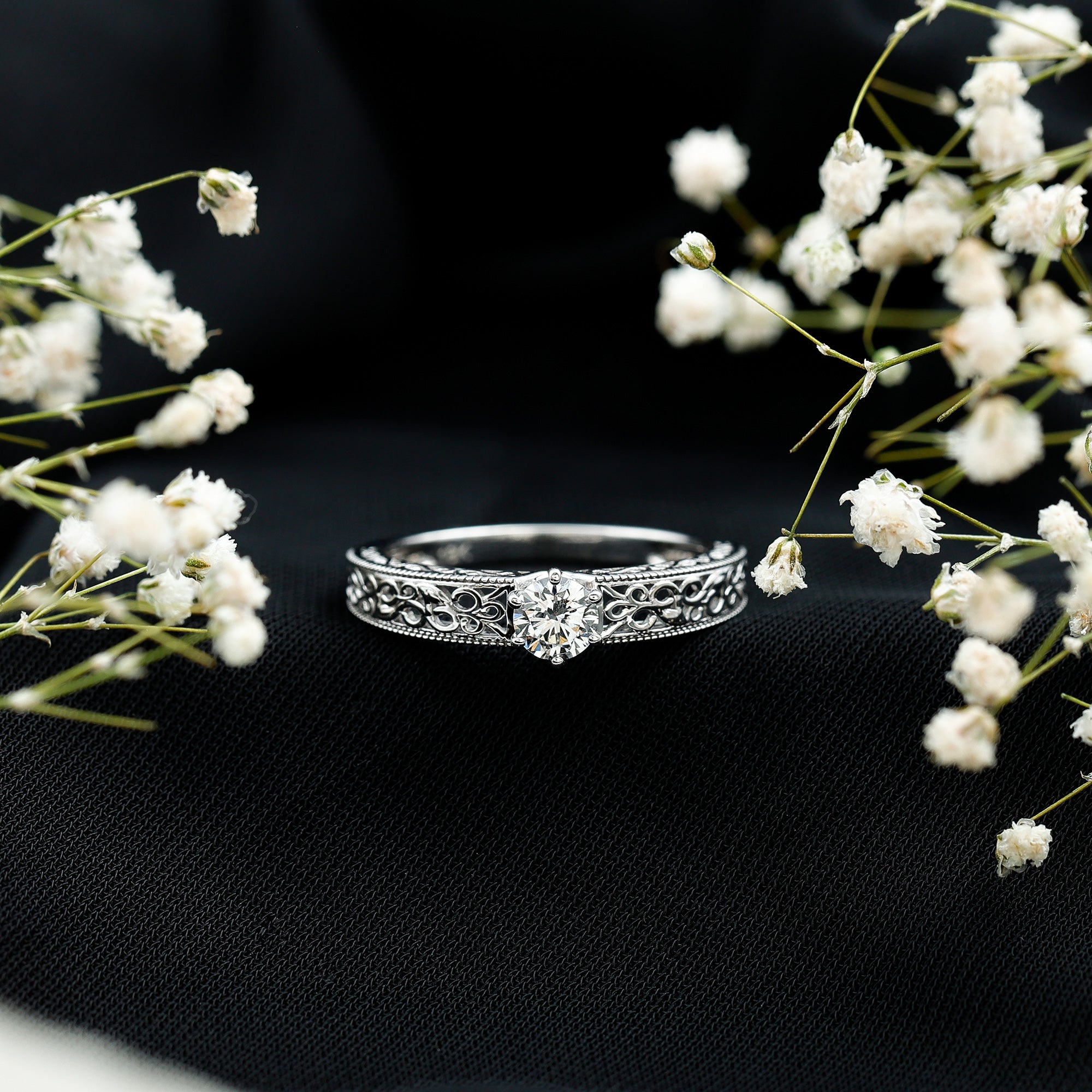 Round Cut Solitaire Moissanite Vintage Looking Engagement Ring D-VS1 - Rosec Jewels