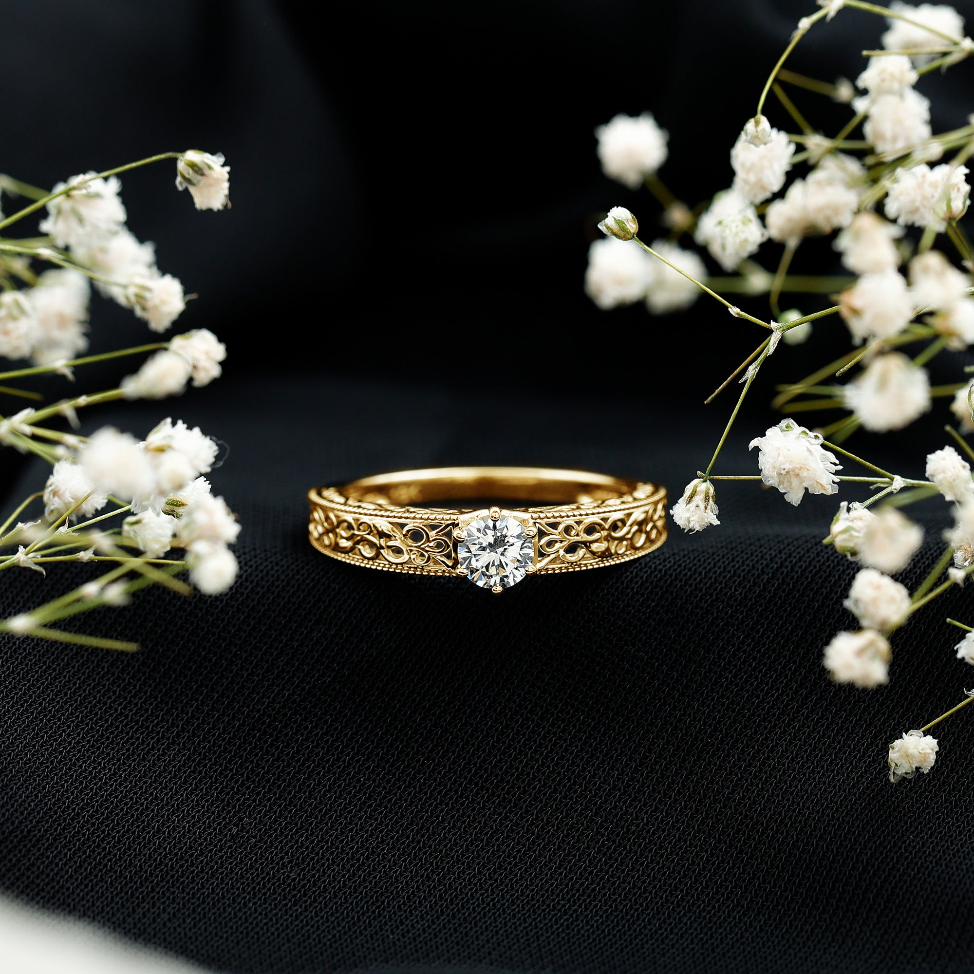 Round Cut Solitaire Moissanite Vintage Looking Engagement Ring D-VS1 - Rosec Jewels