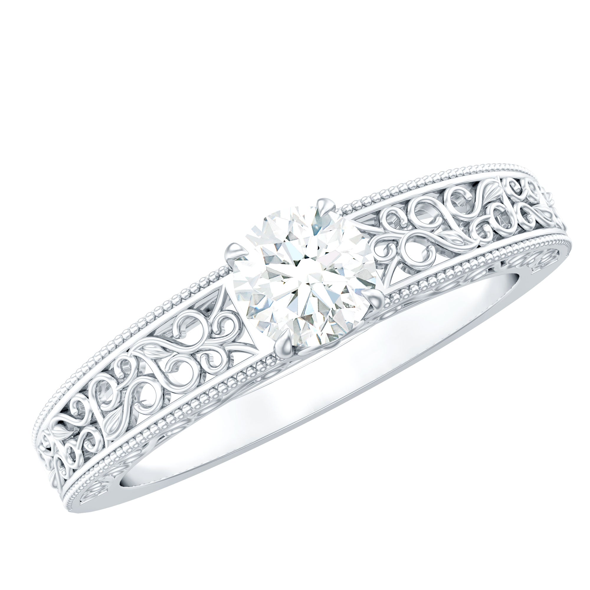 Round Cut Moissanite Solitaire Engagement Ring with Filigree Band