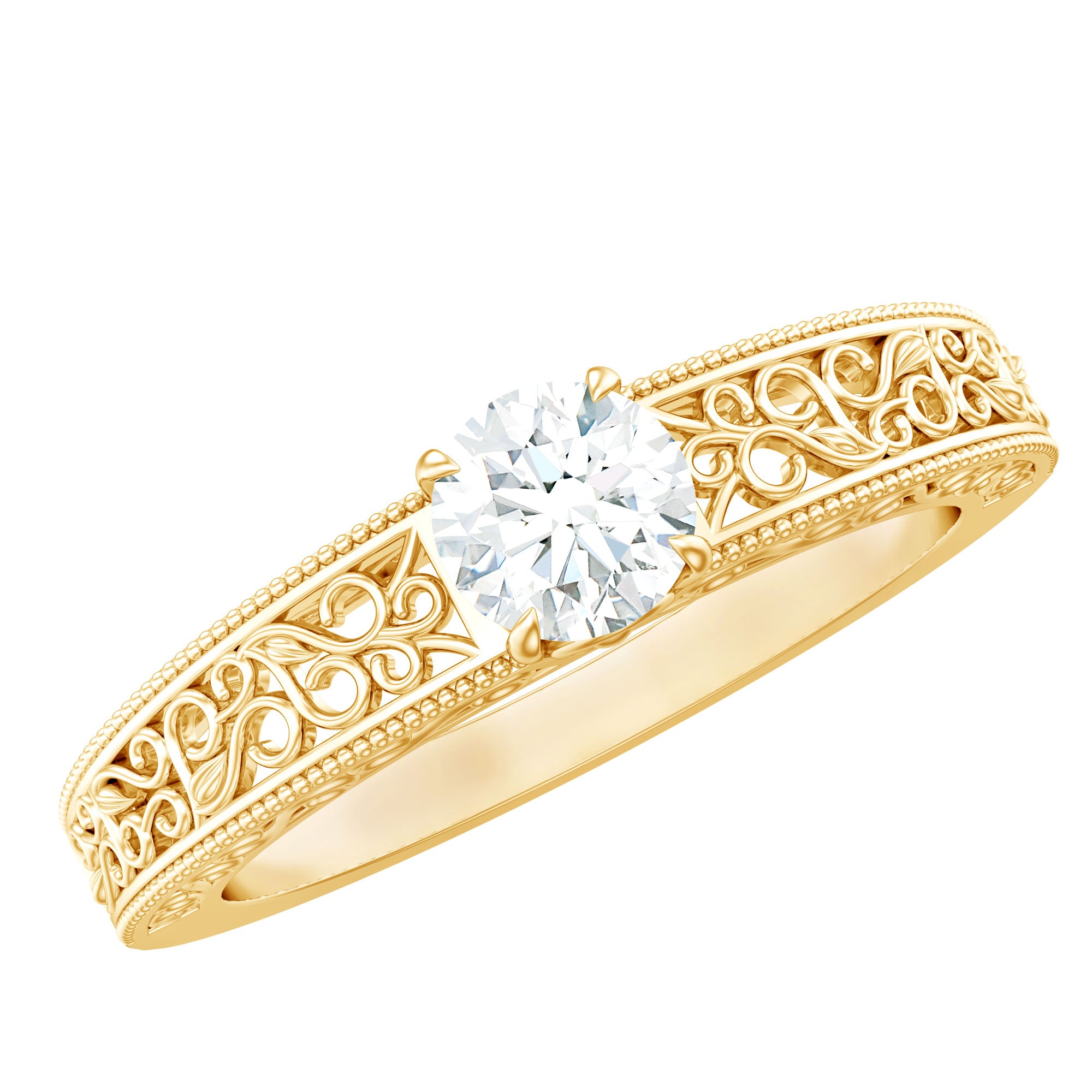 Round Cut Moissanite Solitaire Engagement Ring with Filigree Band D-VS1 - Rosec Jewels