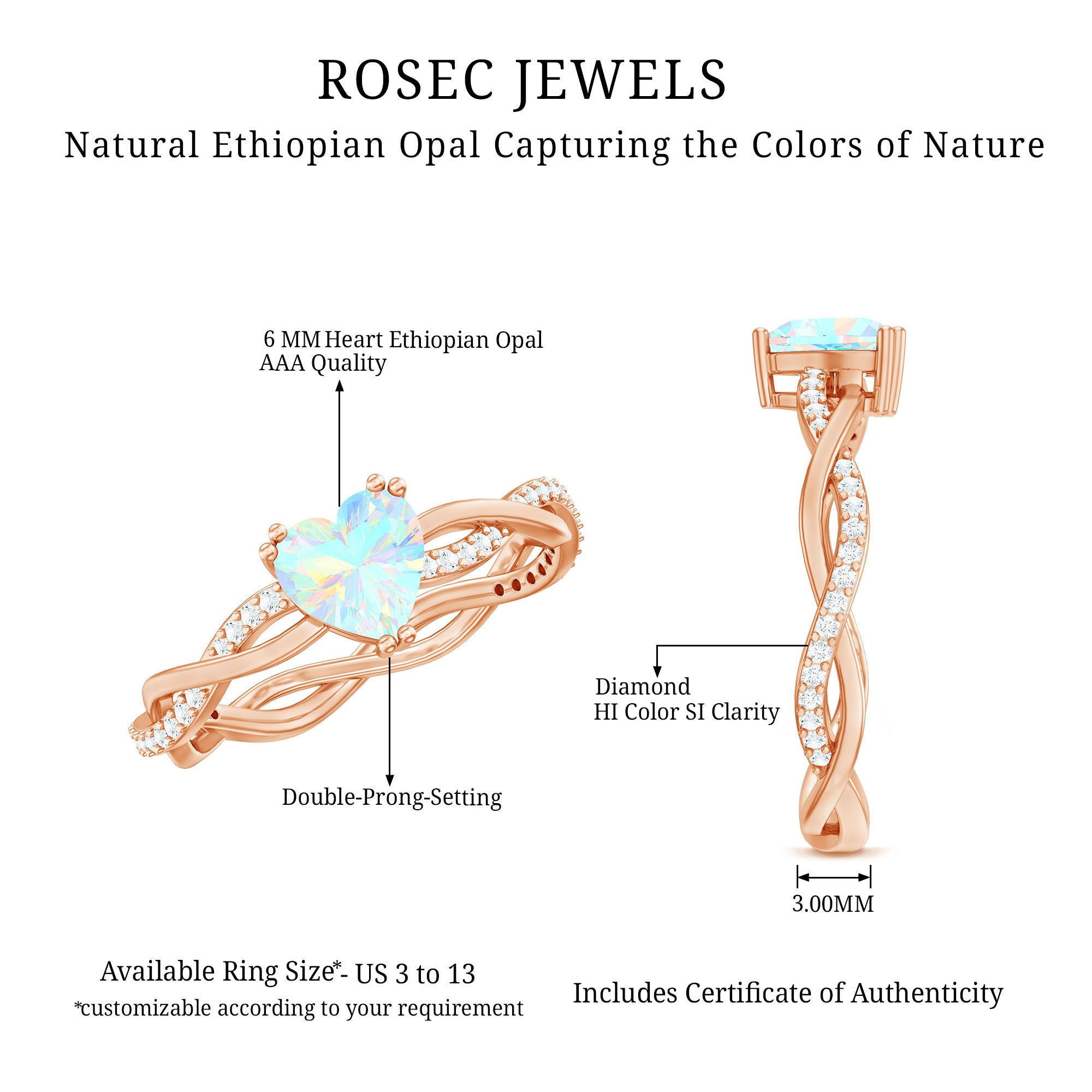 Natural Ethiopian Opal Diamond Heart Promise Engagement Ring AAA - Rosec Jewels