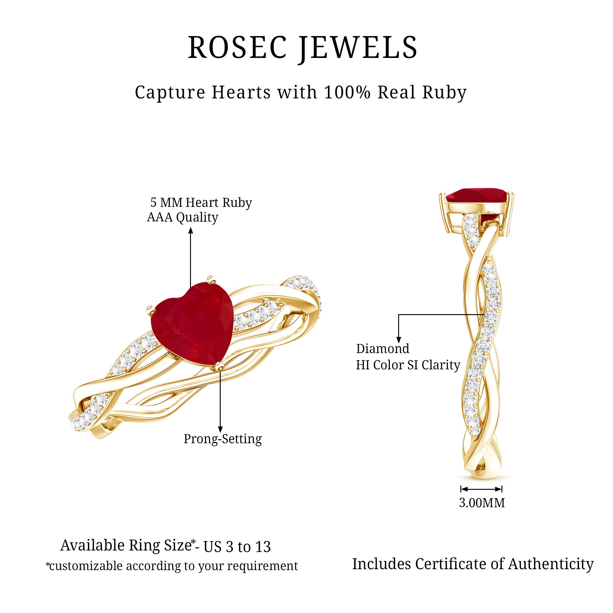Natural 0.6 Carat Ruby Heart Engagement Ring with Diamond Braided Shank AAA - Rosec Jewels