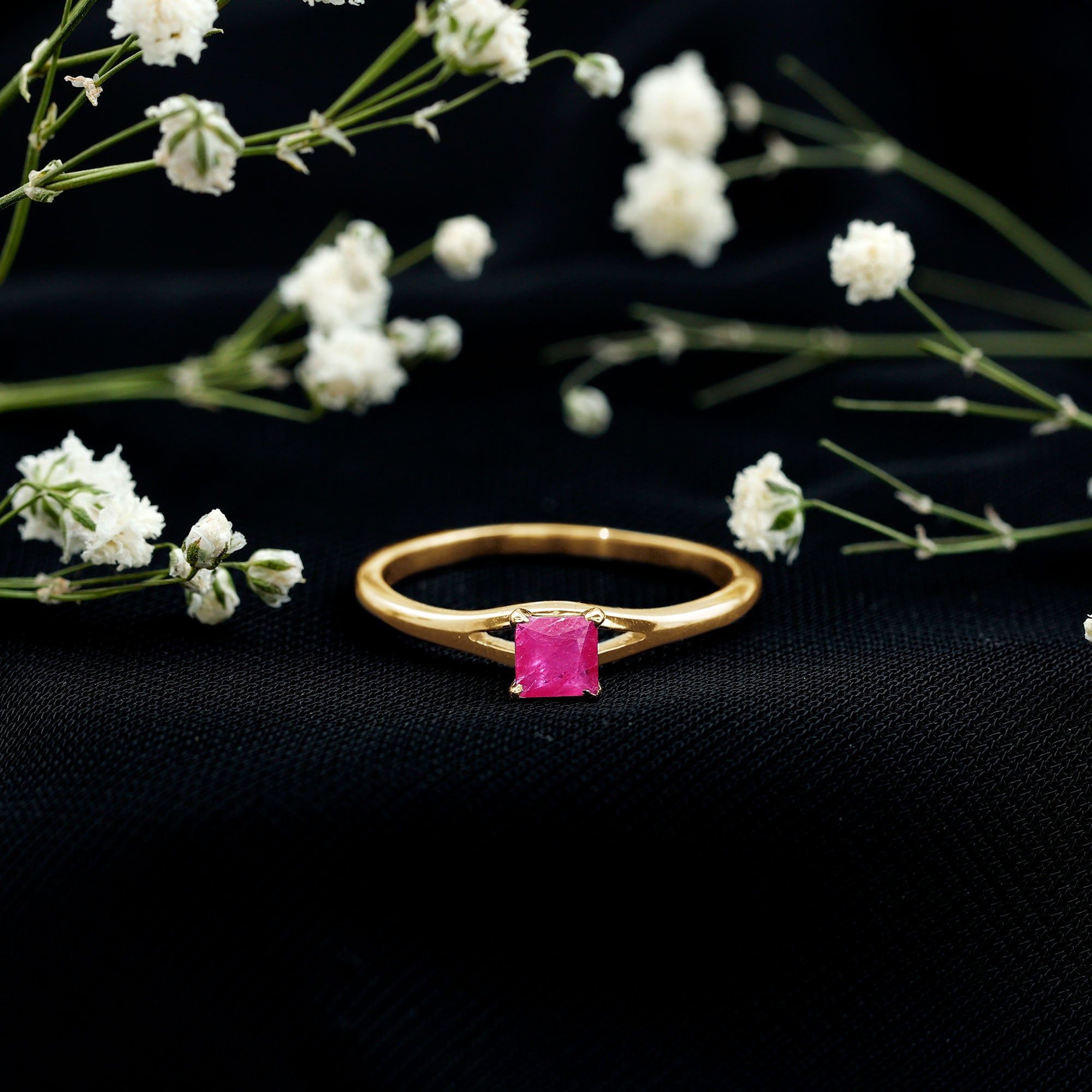 Natural Half Carat Princess Cut Ruby Promise Ring with Split Shank AAA - Rosec Jewels