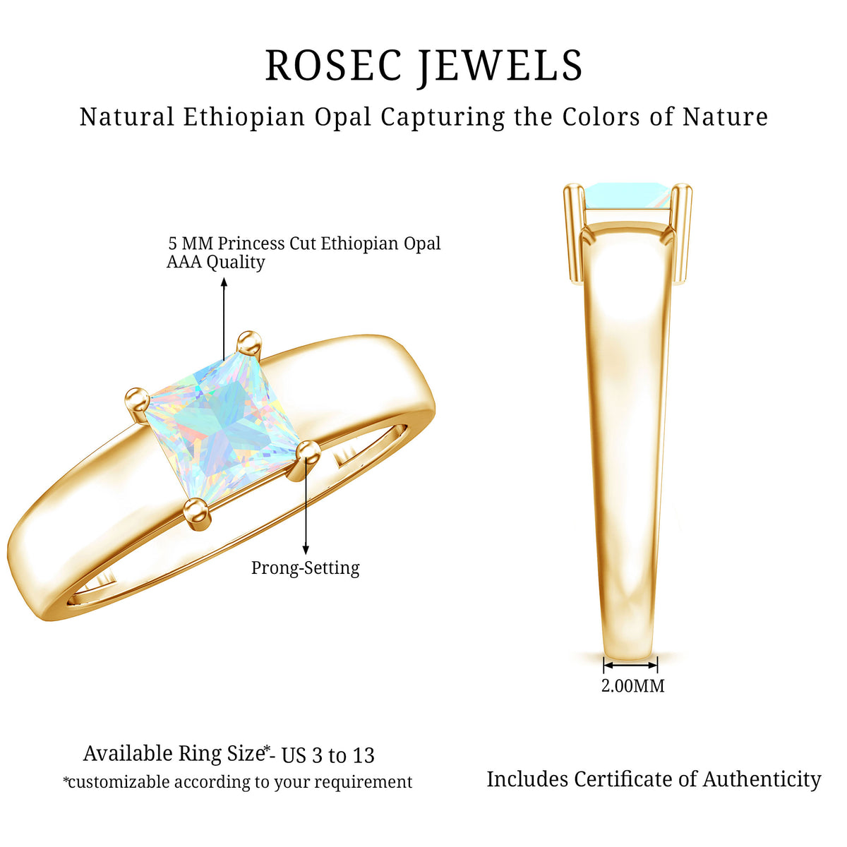 Certified Real Ethiopian Rainbow Opal Princess Cut Engagement Ring AAA - Rosec Jewels