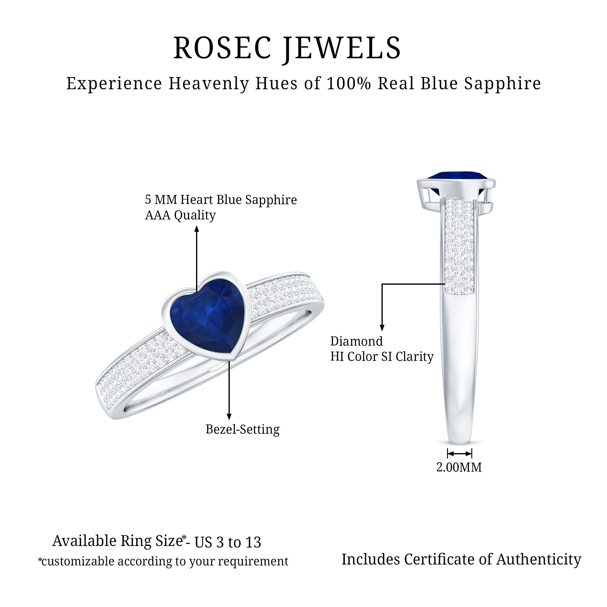 Rosec Jewels-1 CT Blue Sapphire Heart Solitaire Engagement Ring with Pave Diamond