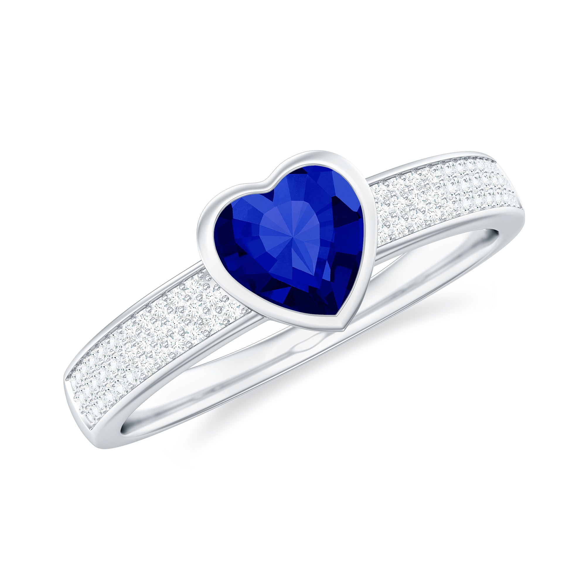 Heart Shape Created Blue Sapphire Solitaire Ring with Diamond Side Stone