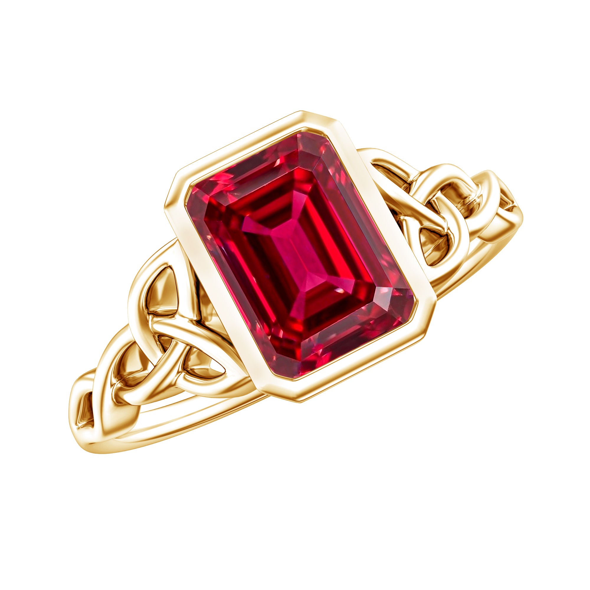 Bezel Set Emerald Cut Lab Created Ruby Celtic Engagement Ring AAAA - Rosec Jewels