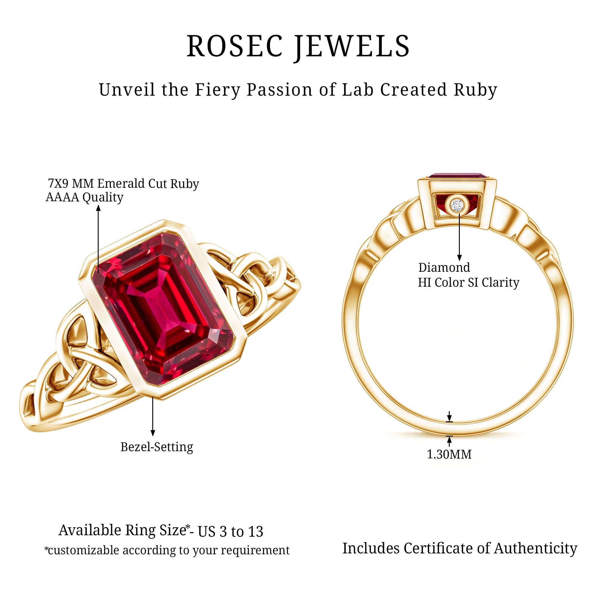Bezel Set Emerald Cut Lab Created Ruby Celtic Engagement Ring AAAA - Rosec Jewels