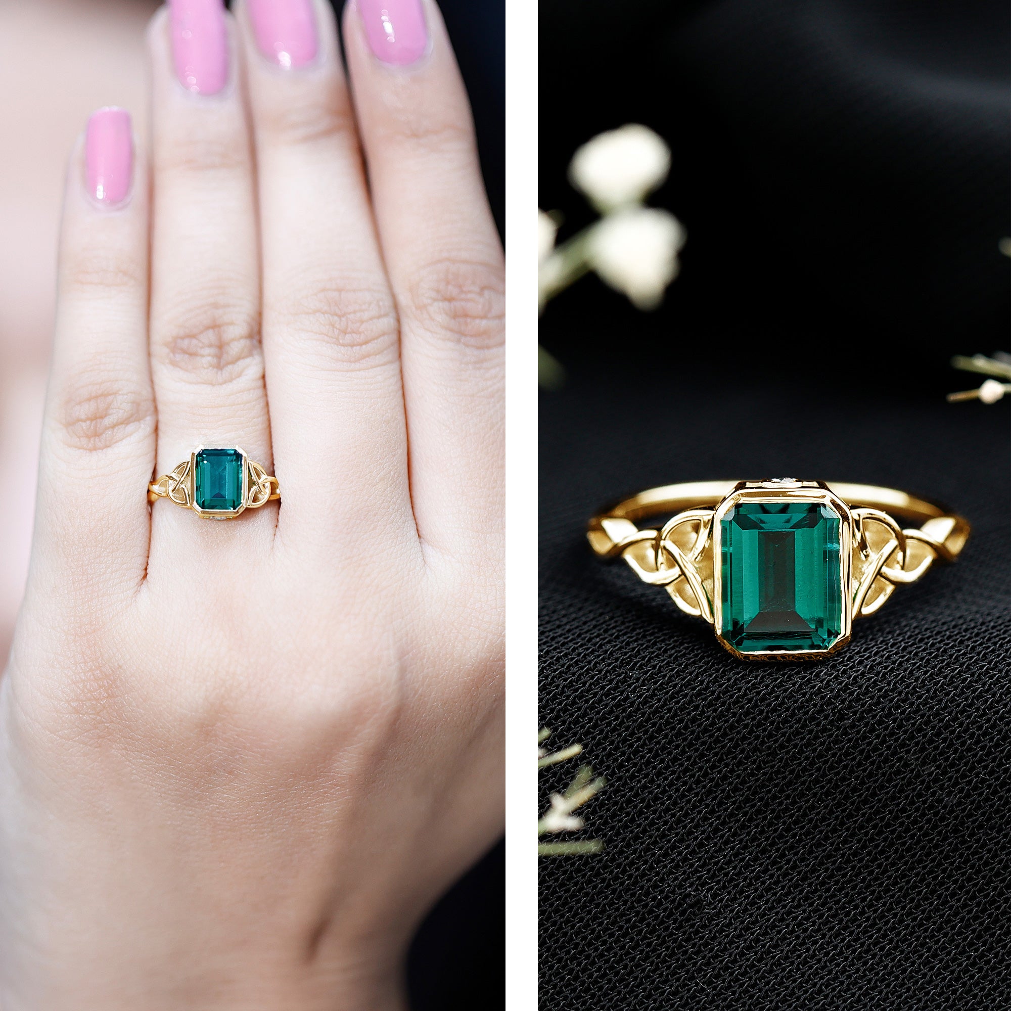 Certified Lab Grown Emerald Cut Emerald Engagement Ring with Celtic Knot AAAA - Rosec Jewels