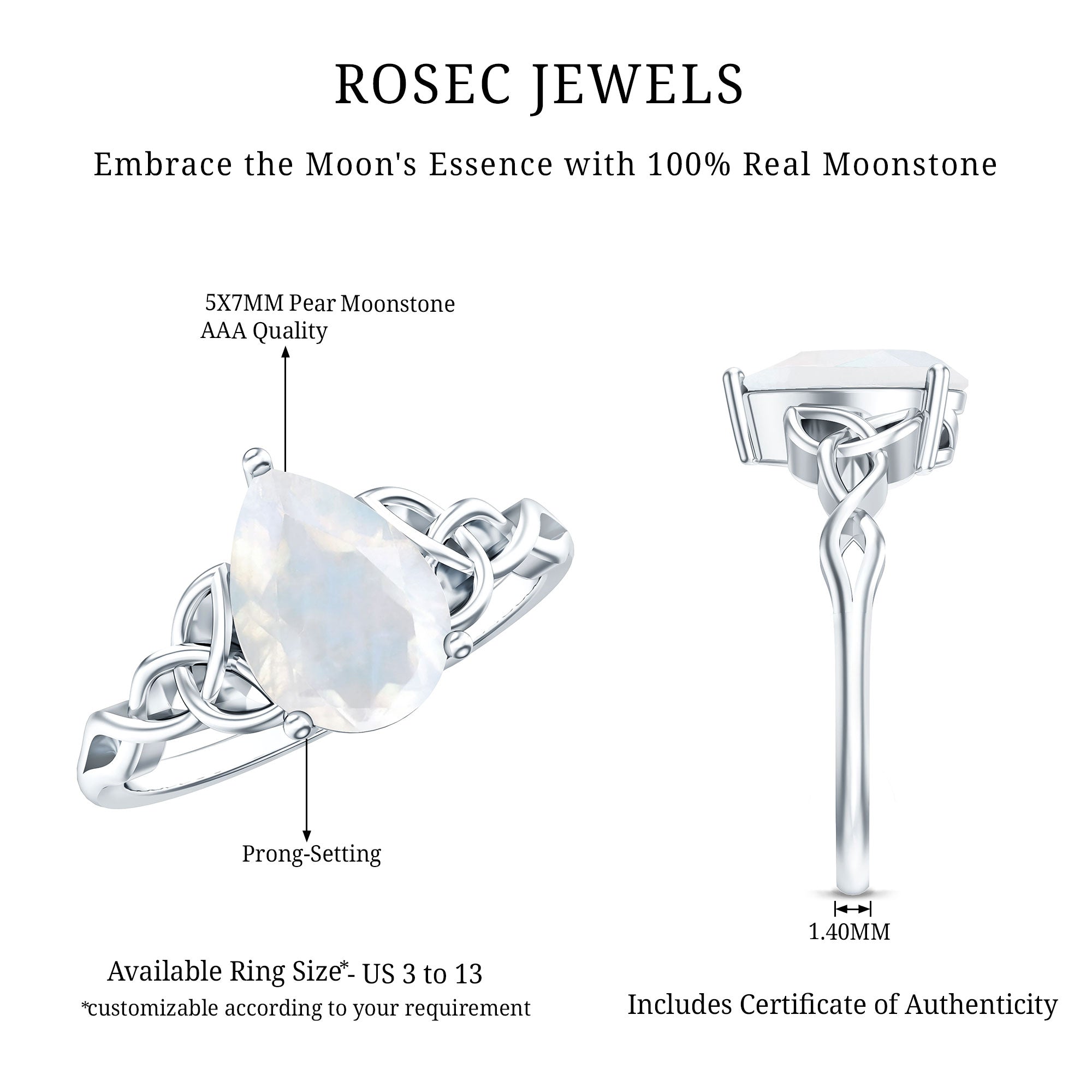 Pear Shaped Moonstone Solitaire Engagement Ring with Celtic Band AAA - Rosec Jewels