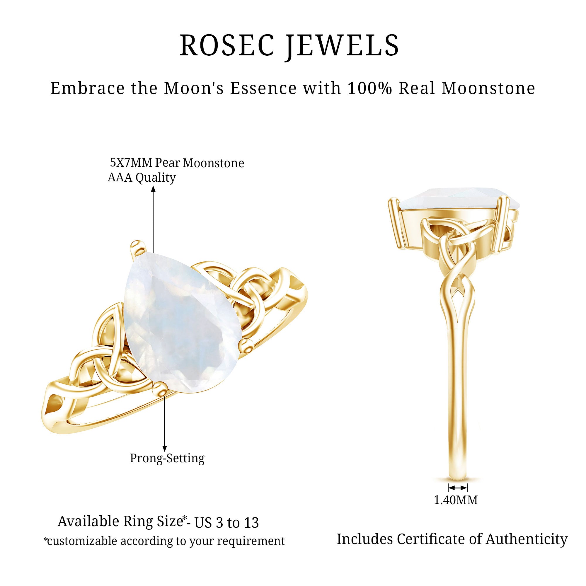 Pear Shaped Moonstone Solitaire Engagement Ring with Celtic Band AAA - Rosec Jewels