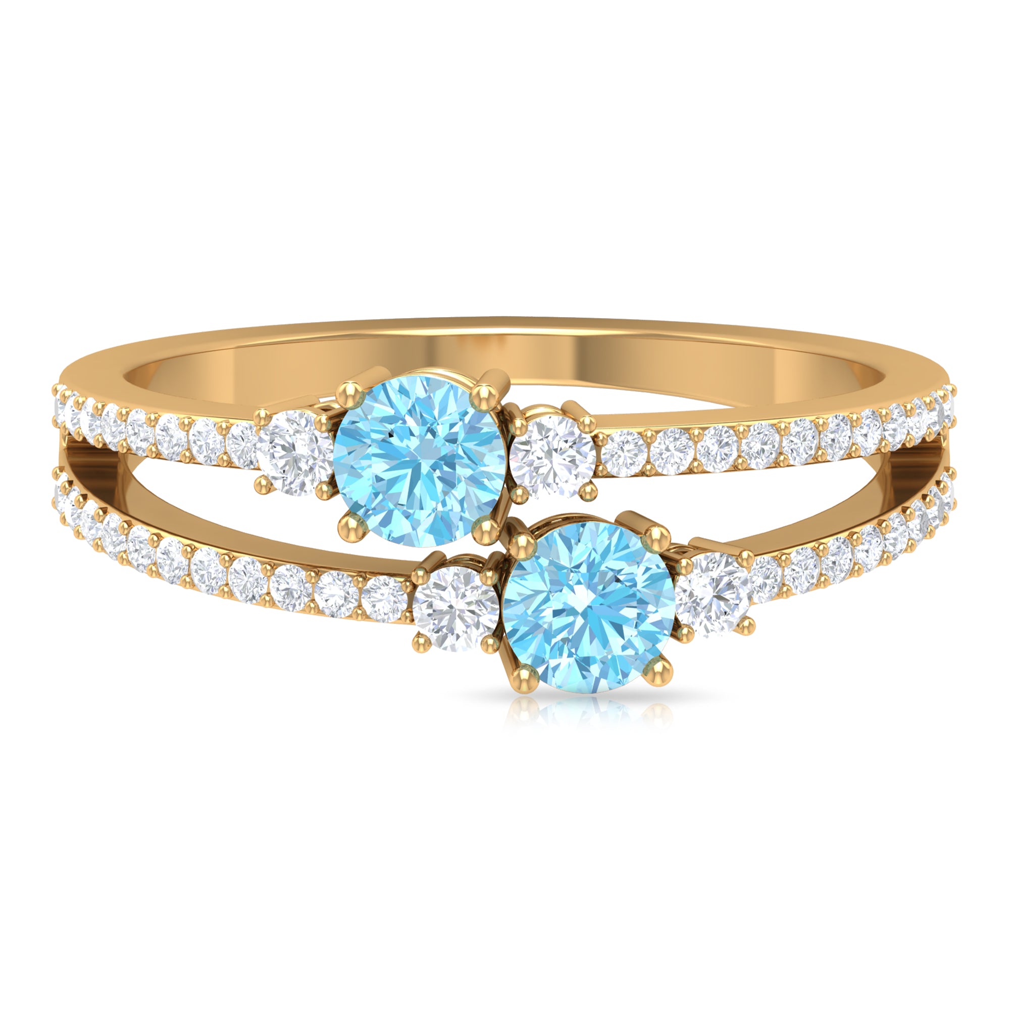 Natural Aquamarine Diamond 2 Stone Promise Ring with Split Shank AAA - Rosec Jewels