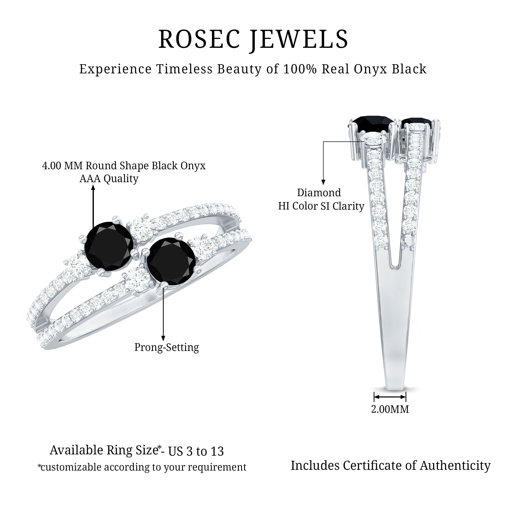 Rosec Jewels-Genuine Black Onyx Two Stone Promise Ring with Diamond