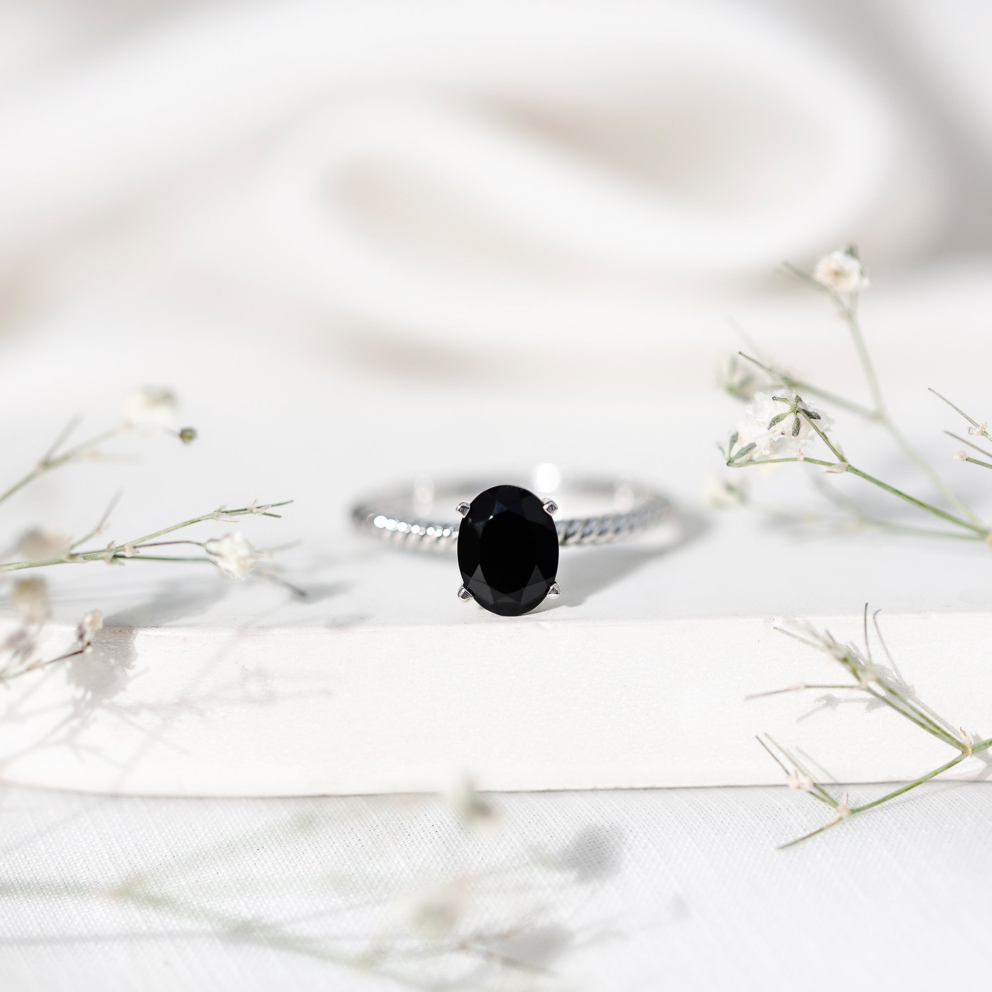 7X9mm Oval Cut Black Onyx Solitaire Engagement Ring with Diamond AAA - Rosec Jewels