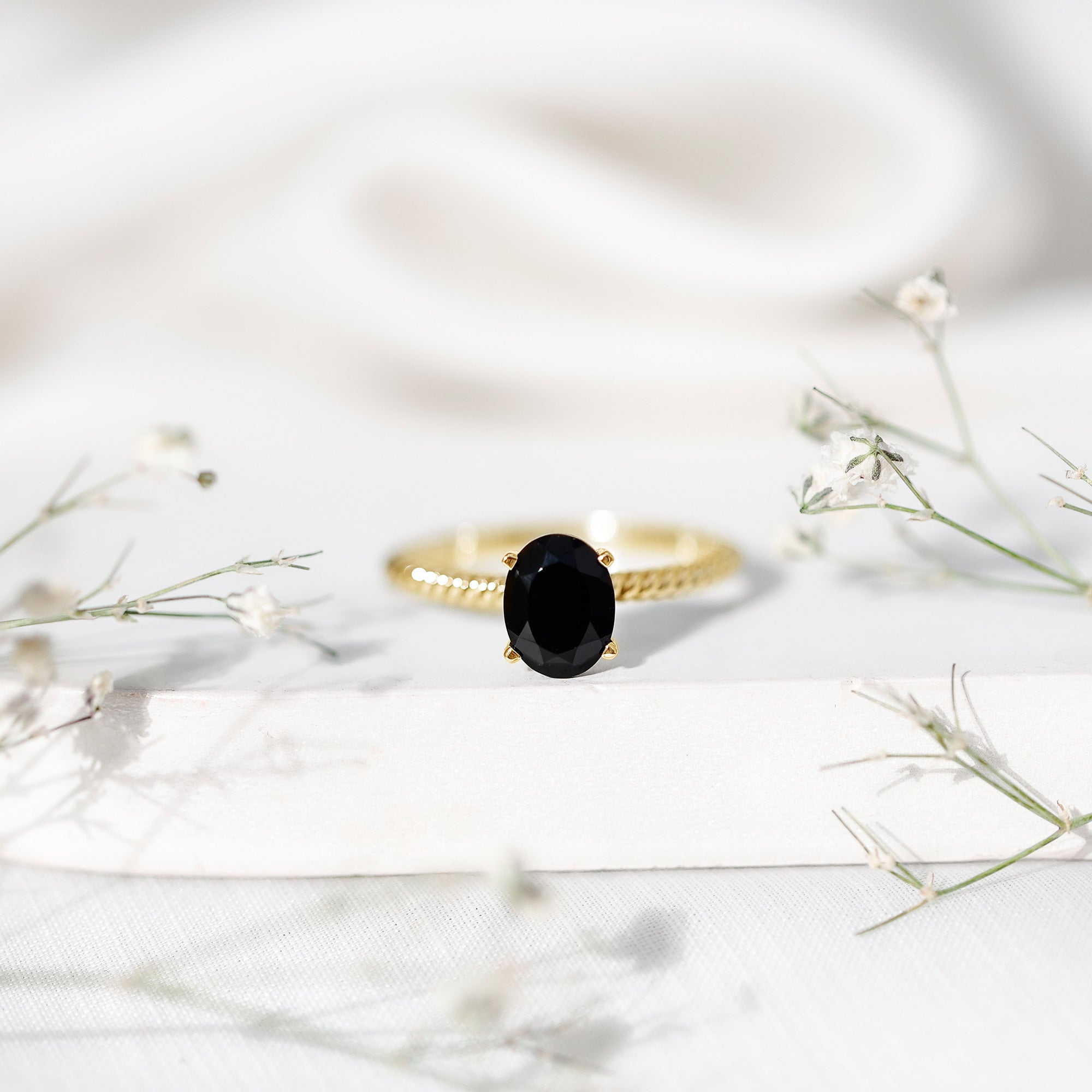 7X9mm Oval Cut Black Onyx Solitaire Engagement Ring with Diamond AAA - Rosec Jewels
