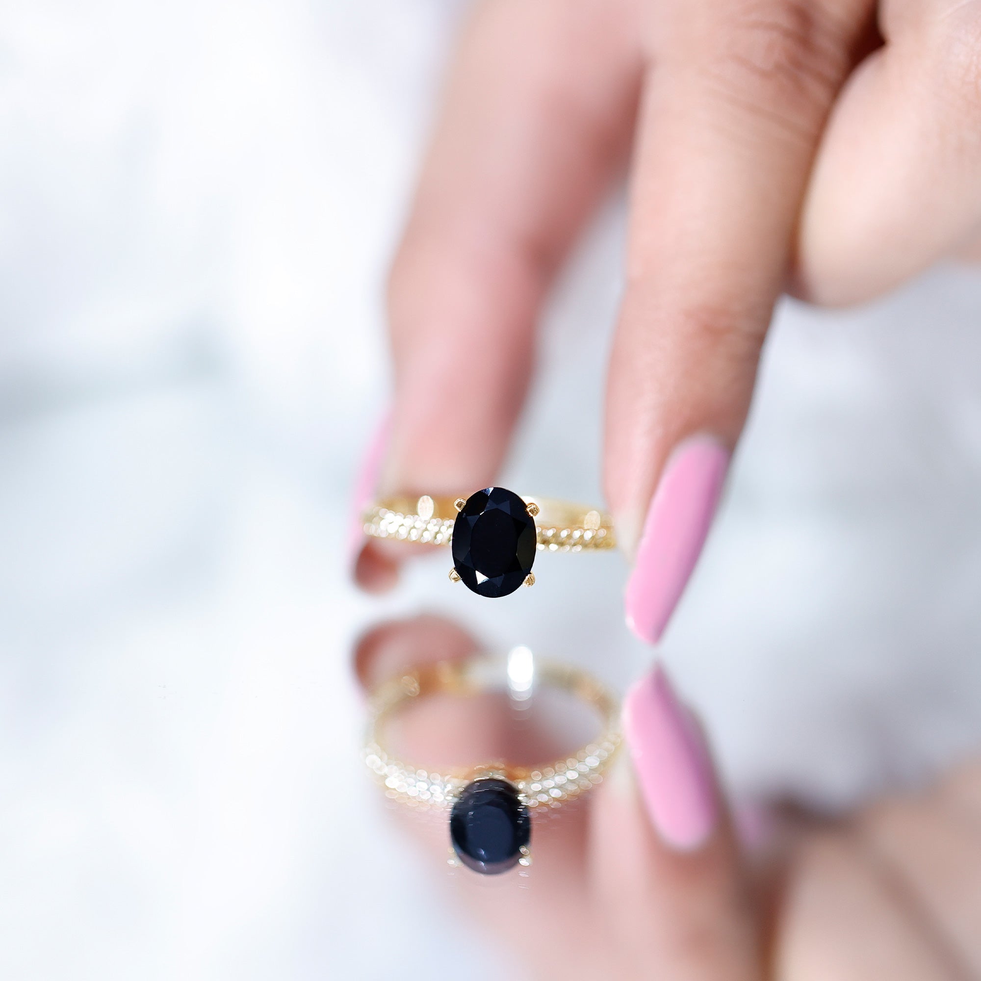 7X9mm Oval Cut Black Onyx Solitaire Engagement Ring with Diamond AAA - Rosec Jewels