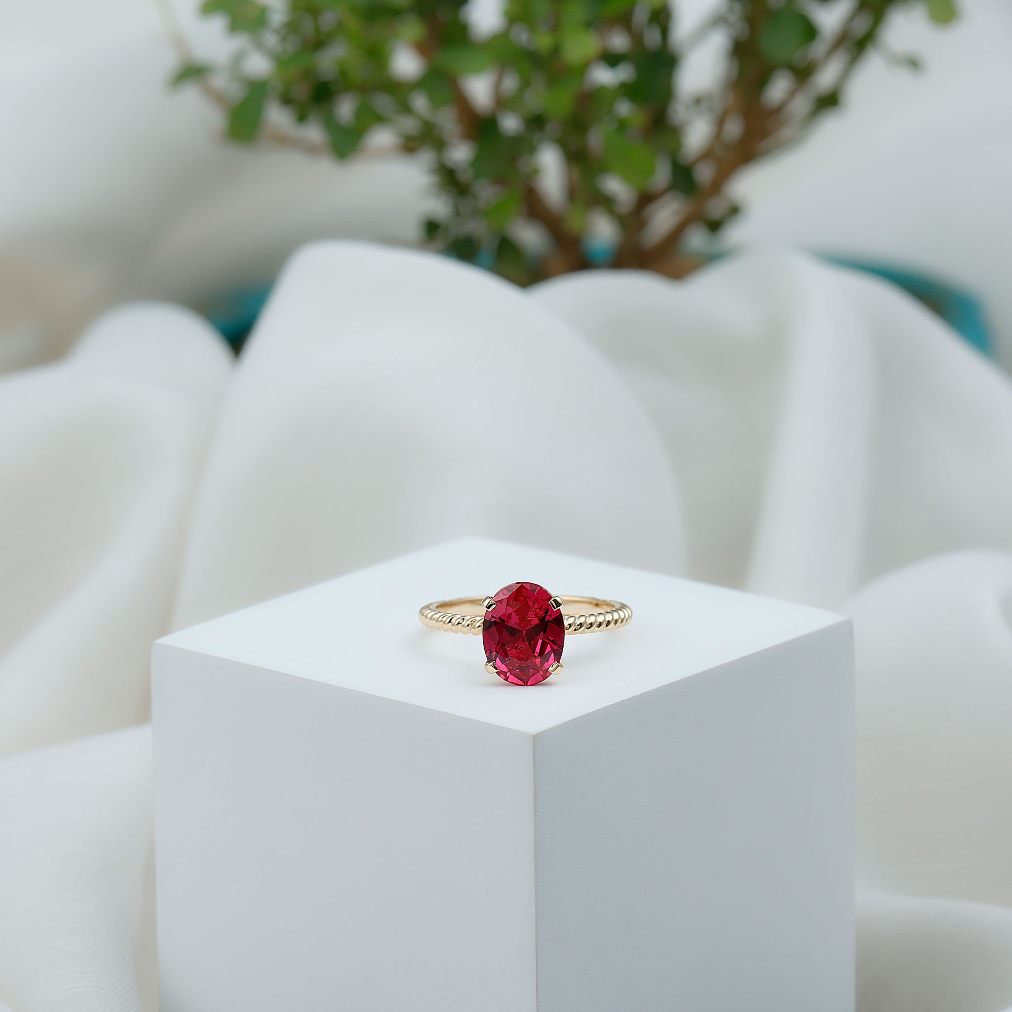 Created Ruby Solitaire Ring with Surprise Diamond and Twisted Rope AAAA - Rosec Jewels