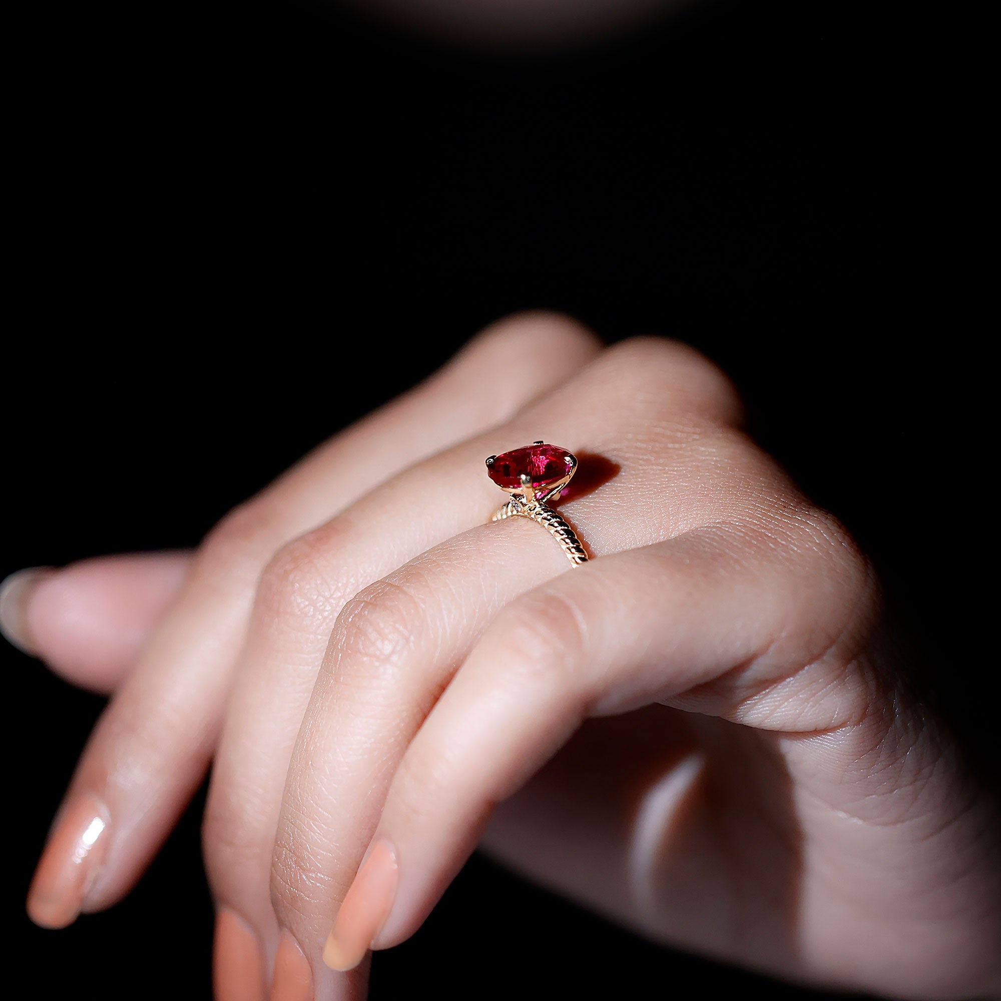Created Ruby Solitaire Ring with Surprise Diamond and Twisted Rope AAAA - Rosec Jewels