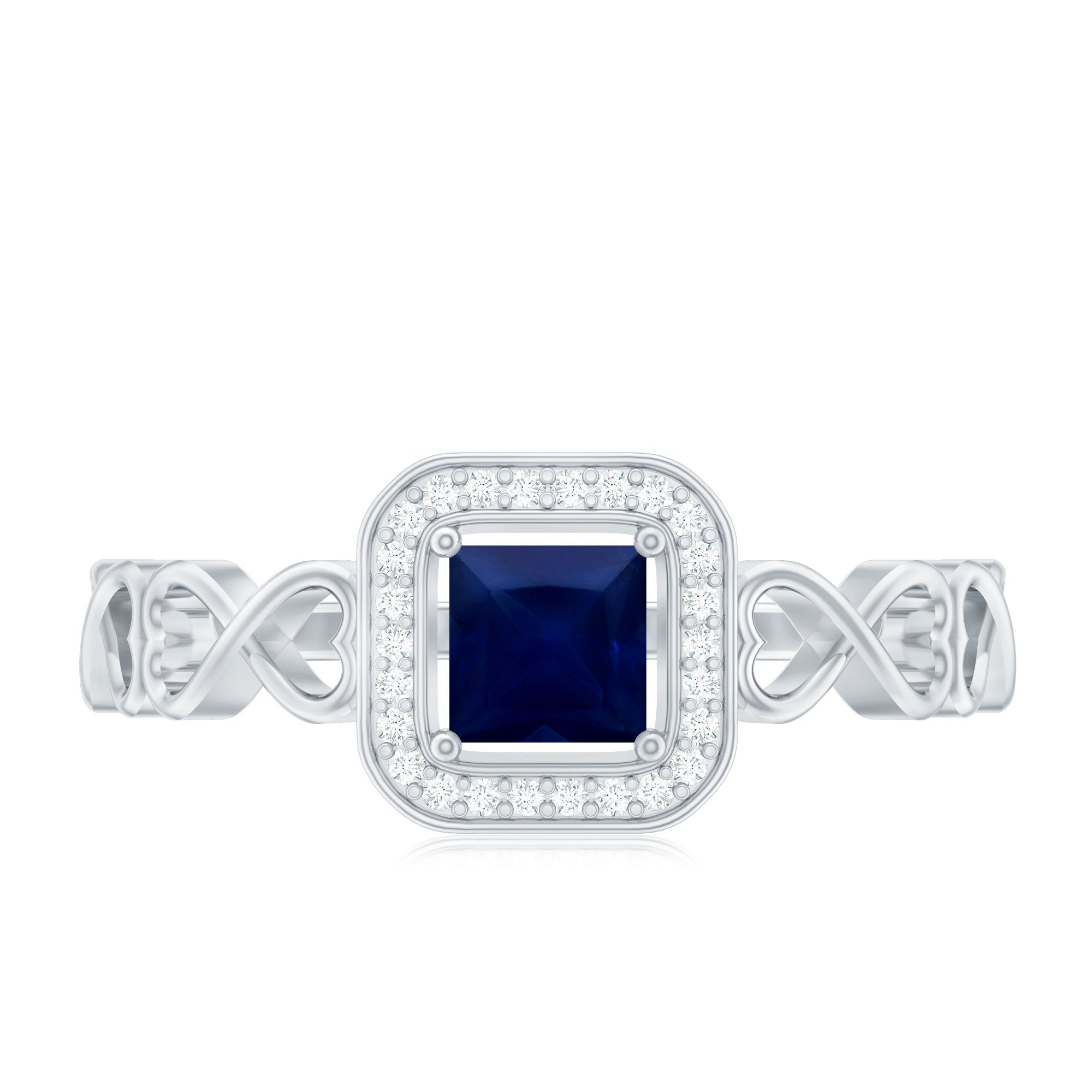 Natural Princess Cut Blue Sapphire Diamond Promise Ring with Infinity Heart Shank AAA - Rosec Jewels