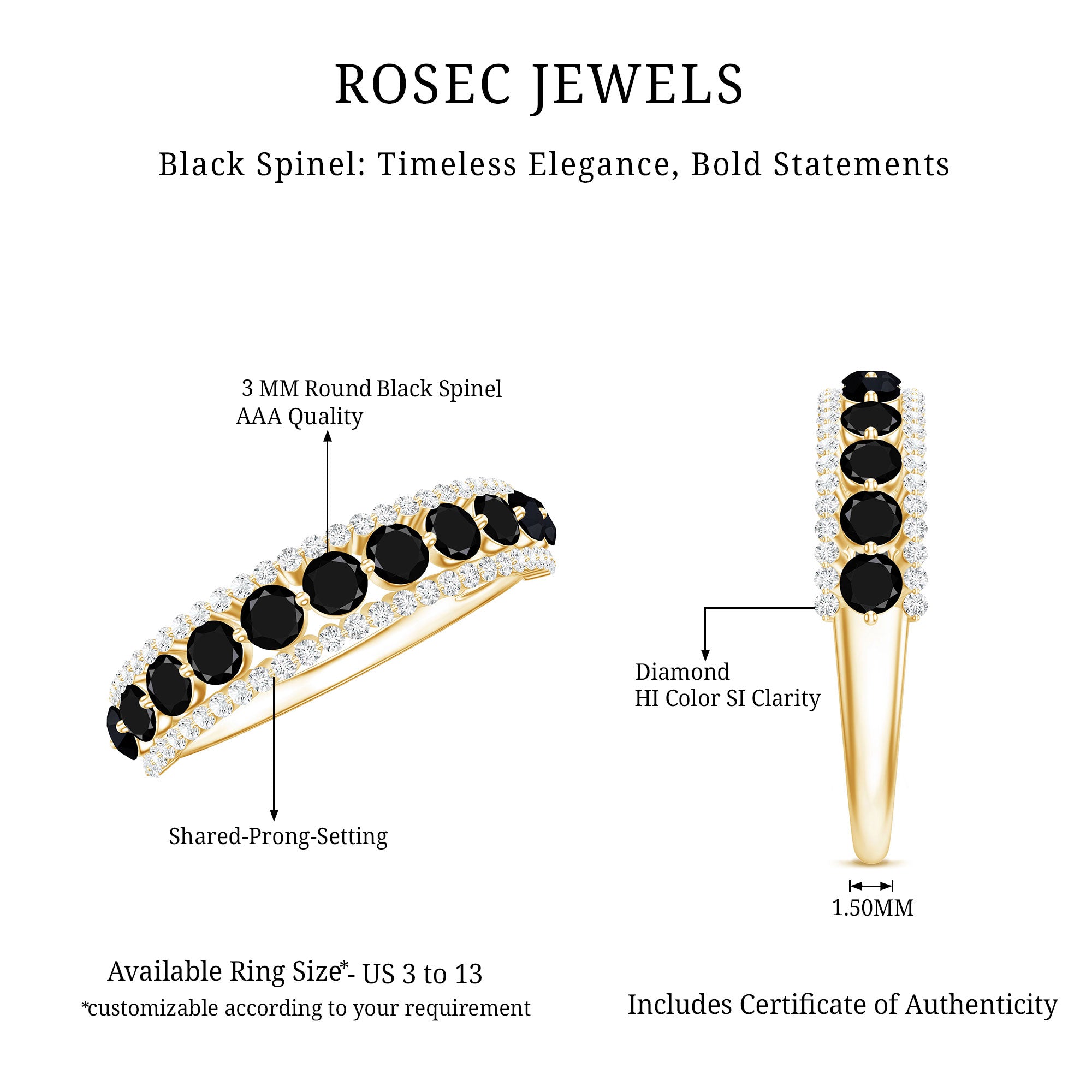 Natural Black Spinel Diamond Half Eternity Ring for Anniversary AAA - Rosec Jewels