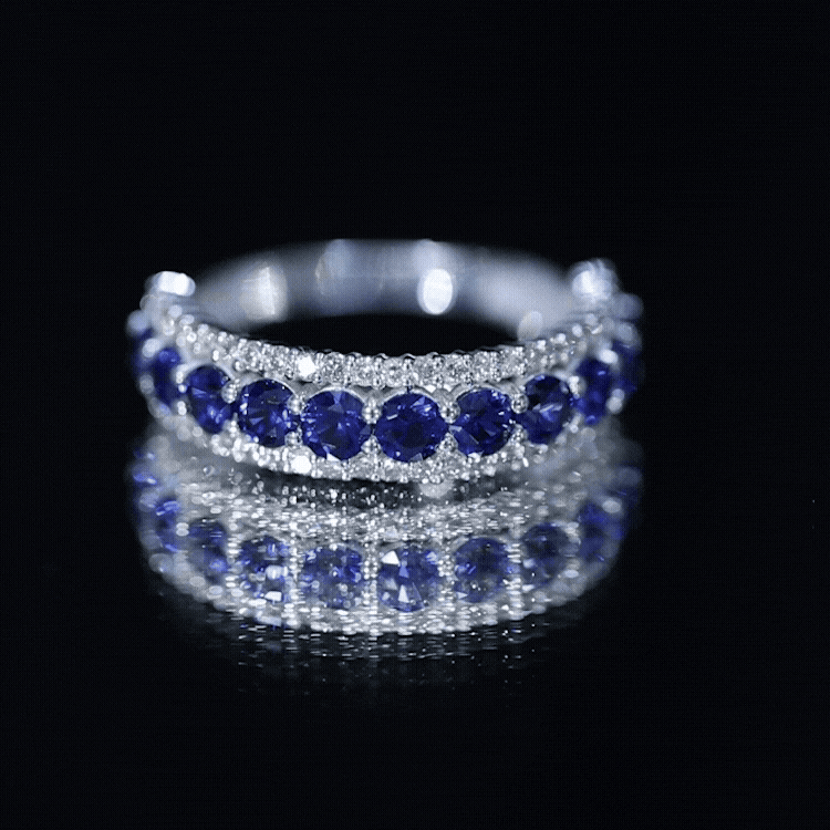 Certified Lab Grown Blue Sapphire Half Eternity Band Ring with Diamond AAAA - Rosec Jewels