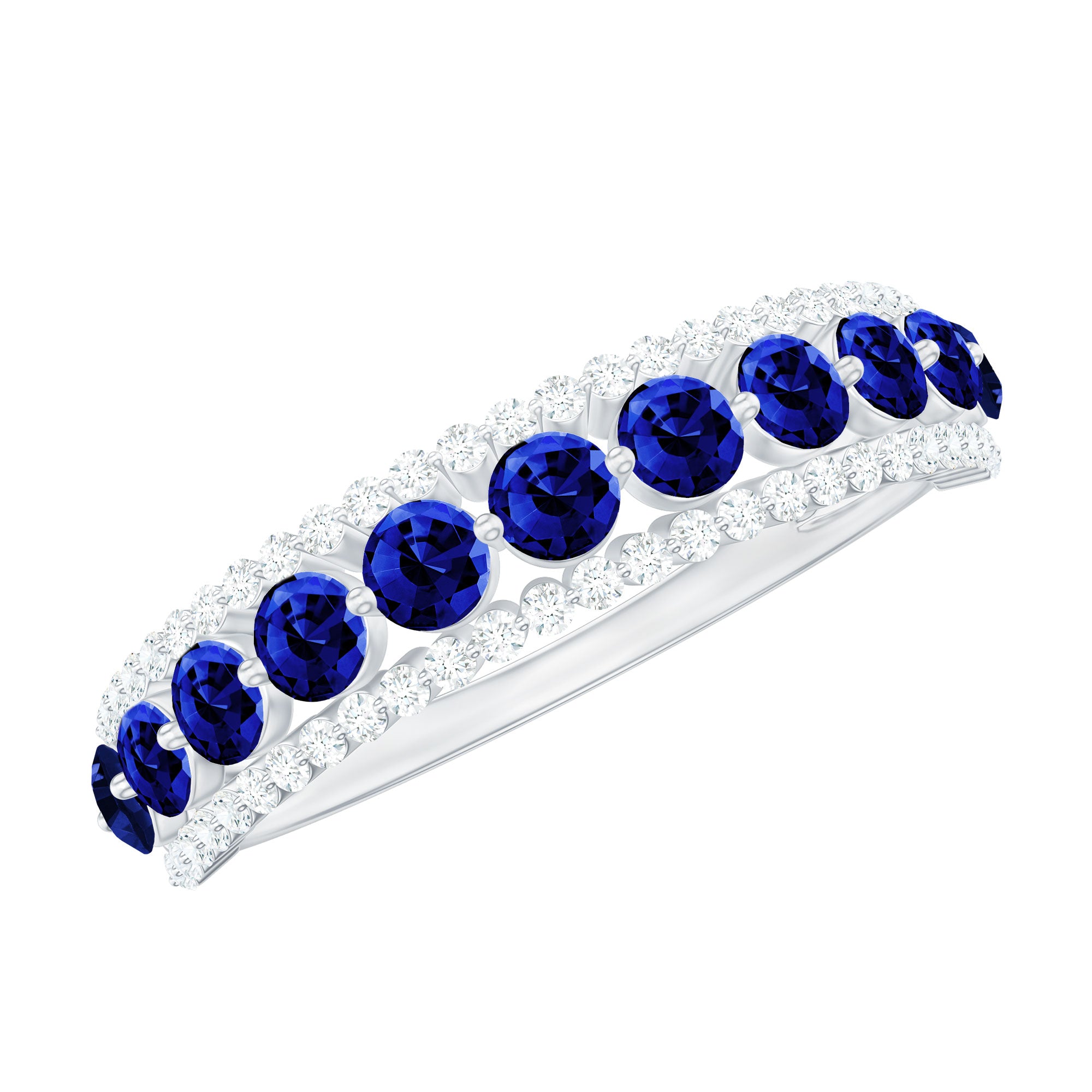 Certified Lab Grown Blue Sapphire Half Eternity Band Ring with Diamond AAAA - Rosec Jewels