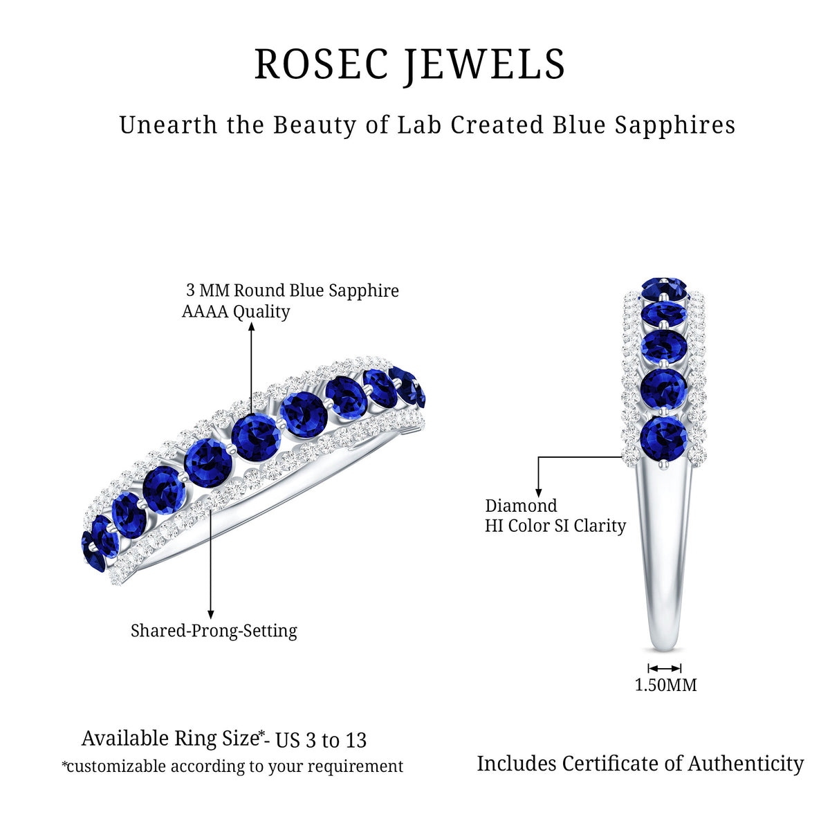 Certified Lab Grown Blue Sapphire Half Eternity Band Ring with Diamond AAAA - Rosec Jewels