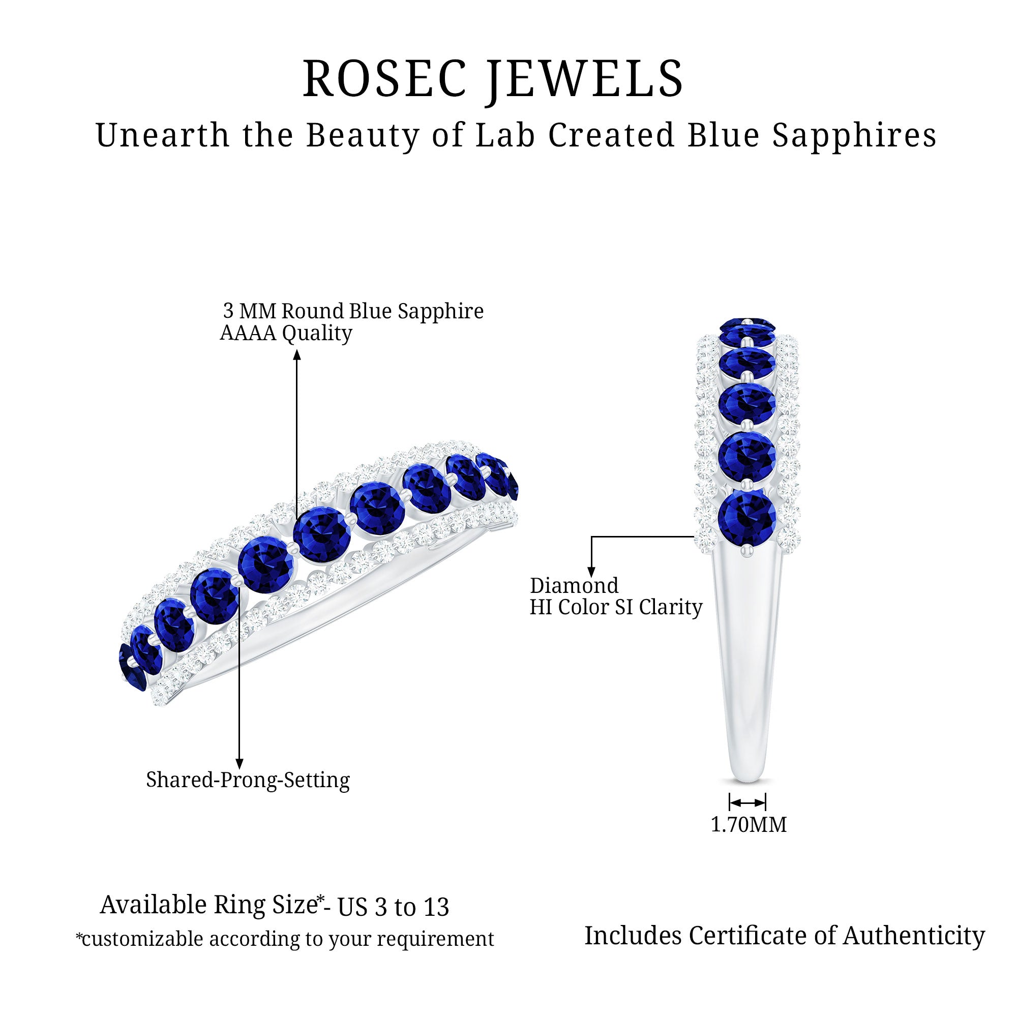 Certified Lab Grown Blue Sapphire Half Eternity Band Ring with Diamond AAAA - Rosec Jewels