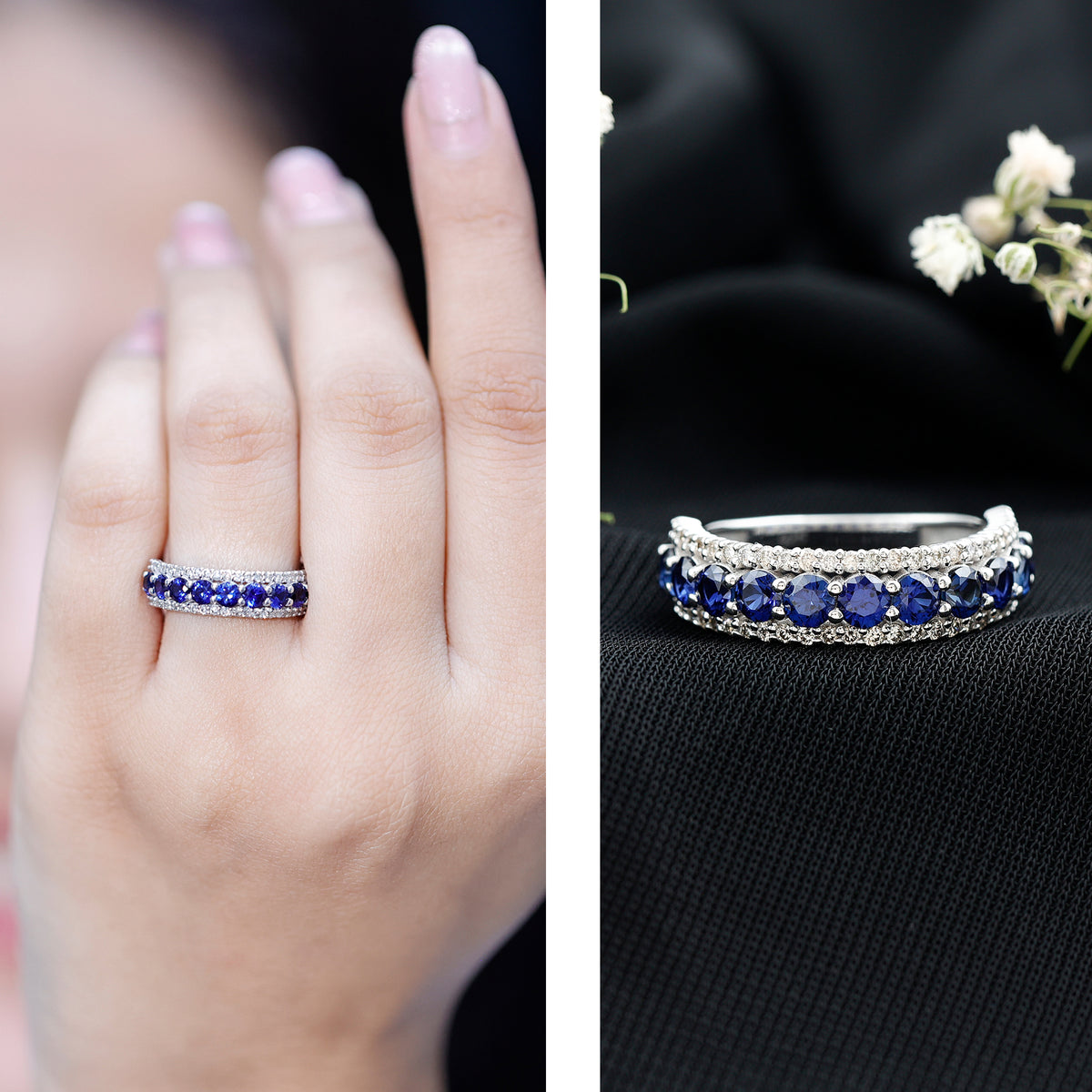 Certified Lab Grown Blue Sapphire Half Eternity Band Ring with Diamond AAAA - Rosec Jewels