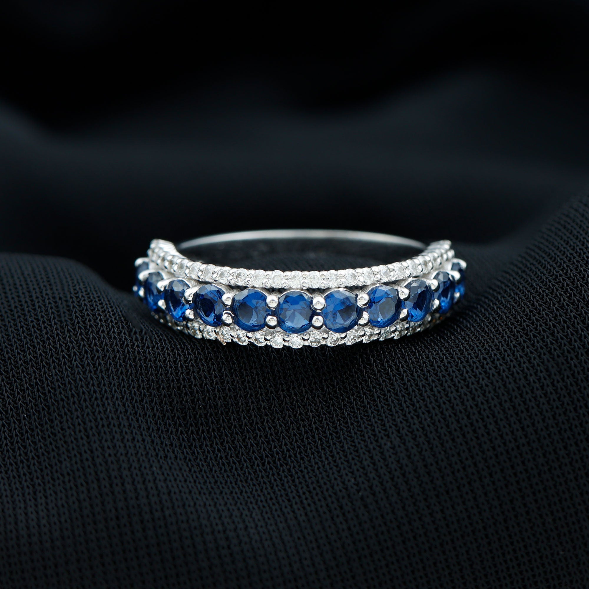 Certified Lab Grown Blue Sapphire Half Eternity Band Ring with Diamond AAAA - Rosec Jewels