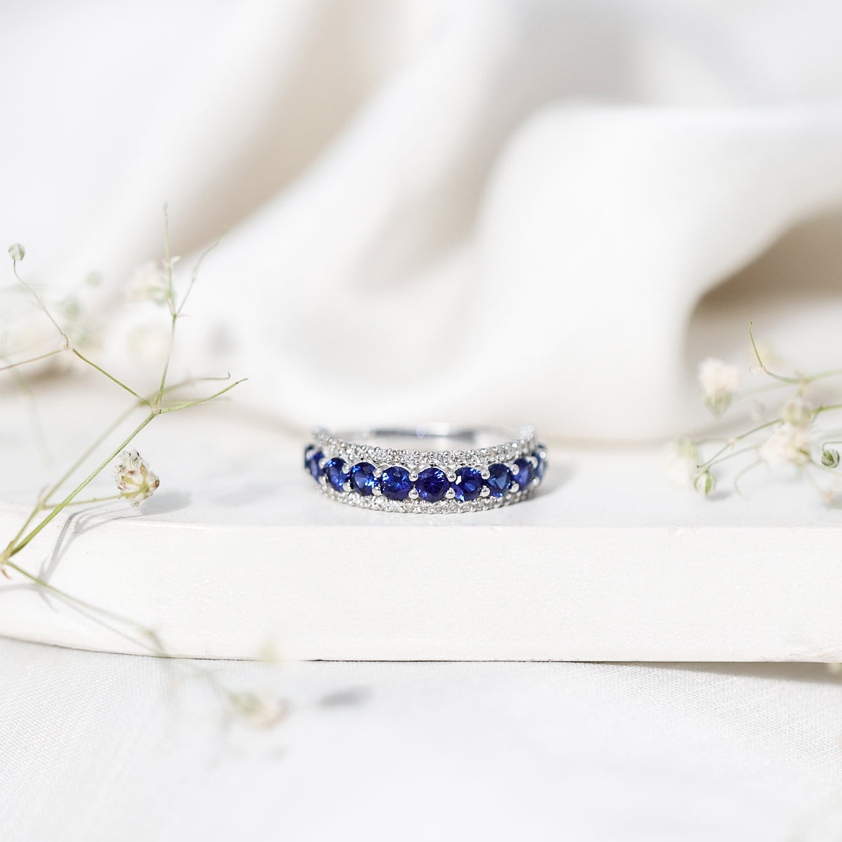 Certified Lab Grown Blue Sapphire Half Eternity Band Ring with Diamond AAAA - Rosec Jewels
