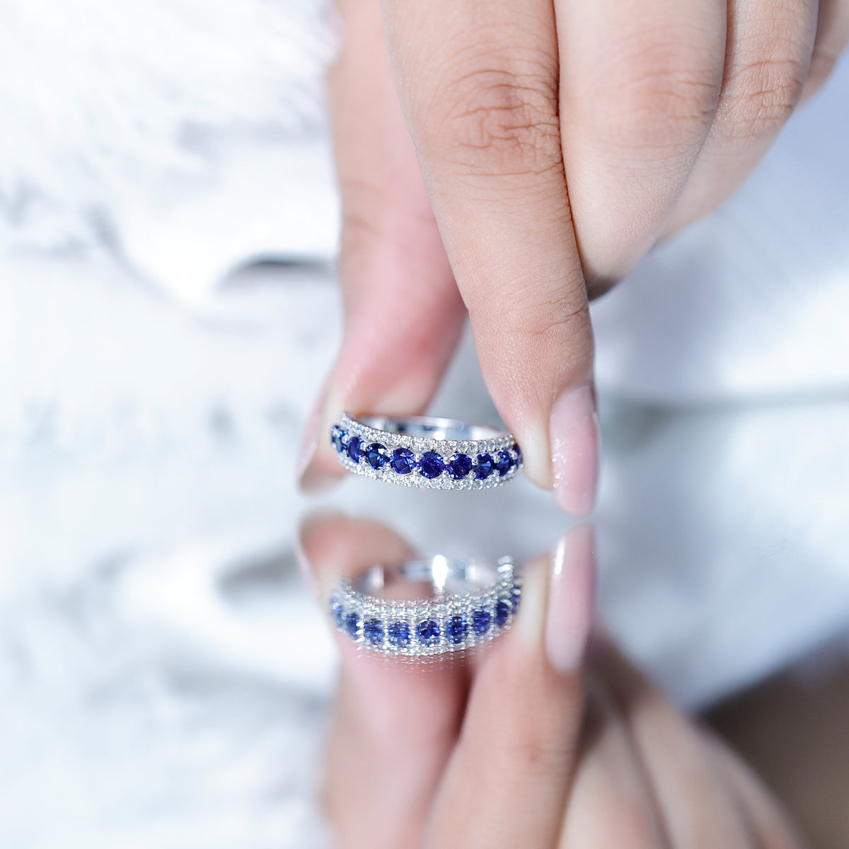Certified Lab Grown Blue Sapphire Half Eternity Band Ring with Diamond AAAA - Rosec Jewels