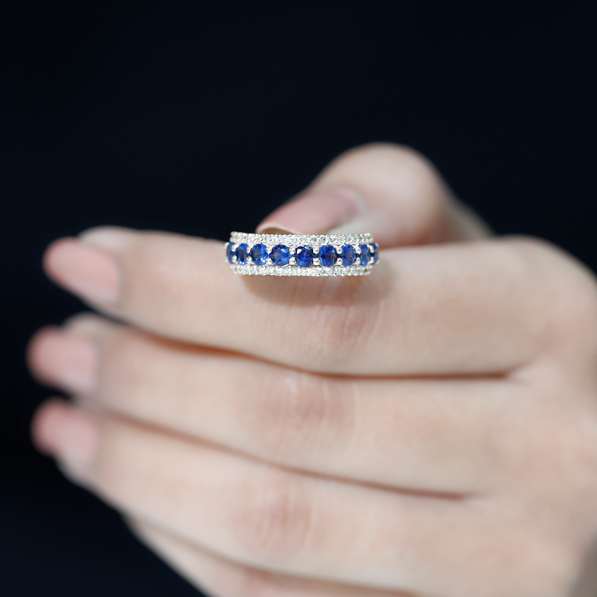 Certified Lab Grown Blue Sapphire Half Eternity Band Ring with Diamond AAAA - Rosec Jewels