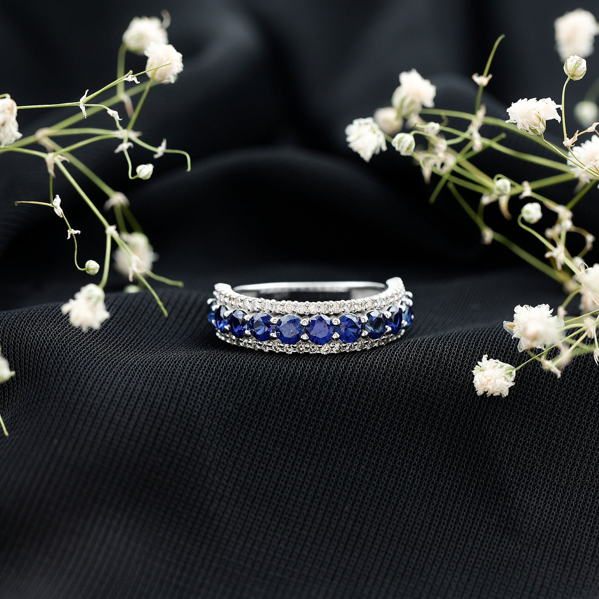 Certified Lab Grown Blue Sapphire Half Eternity Band Ring with Diamond AAAA - Rosec Jewels
