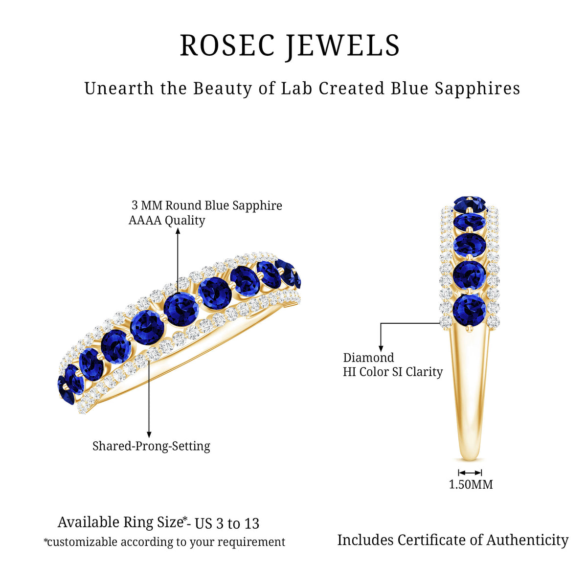 Certified Lab Grown Blue Sapphire Half Eternity Band Ring with Diamond AAAA - Rosec Jewels