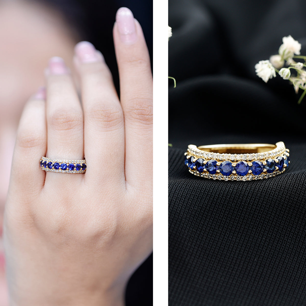Certified Lab Grown Blue Sapphire Half Eternity Band Ring with Diamond AAAA - Rosec Jewels