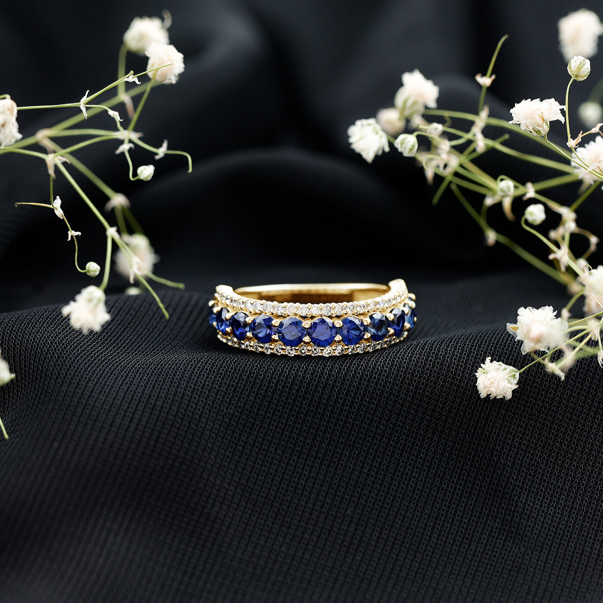 Certified Lab Grown Blue Sapphire Half Eternity Band Ring with Diamond AAAA - Rosec Jewels