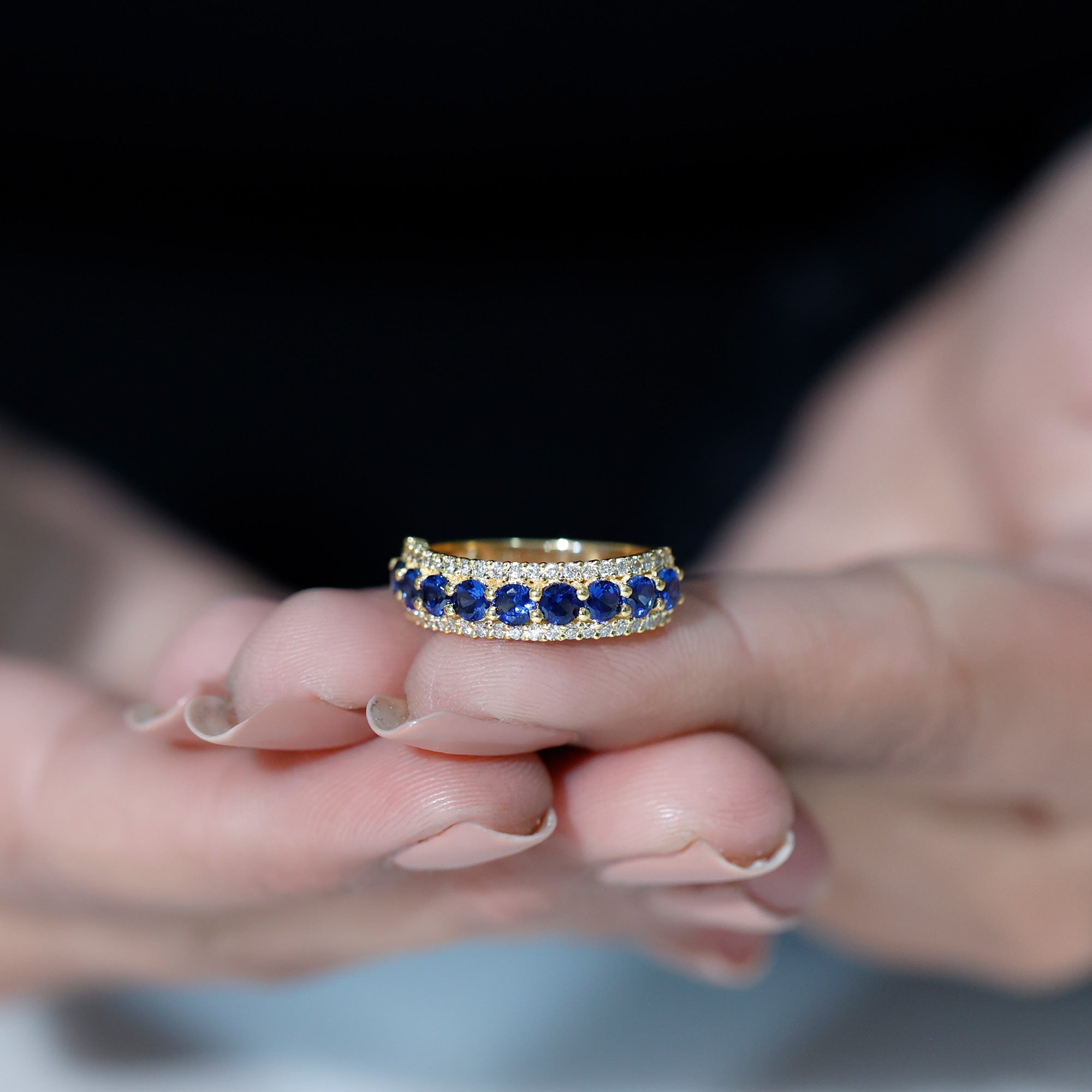 Certified Lab Grown Blue Sapphire Half Eternity Band Ring with Diamond AAAA - Rosec Jewels