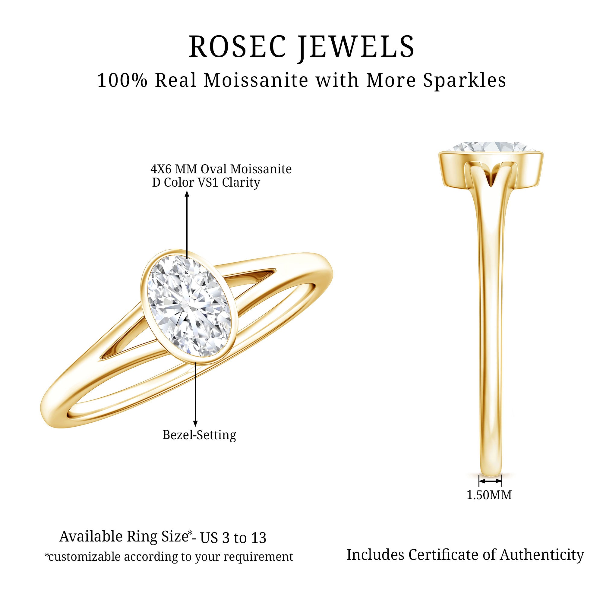 Bezel Set Oval Cut Moissanite Promise Ring in Split Shank D-VS1 - Rosec Jewels