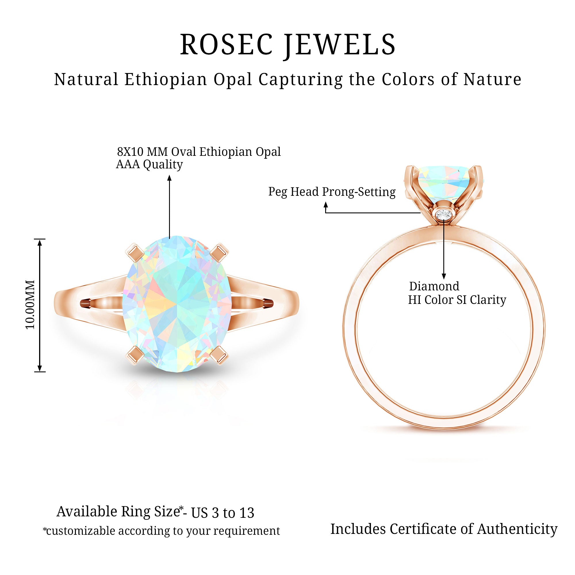 Natural 8X10 mm Ethiopian Opal Diamond Oval Engagement Ring with Split Shank AAA - Rosec Jewels