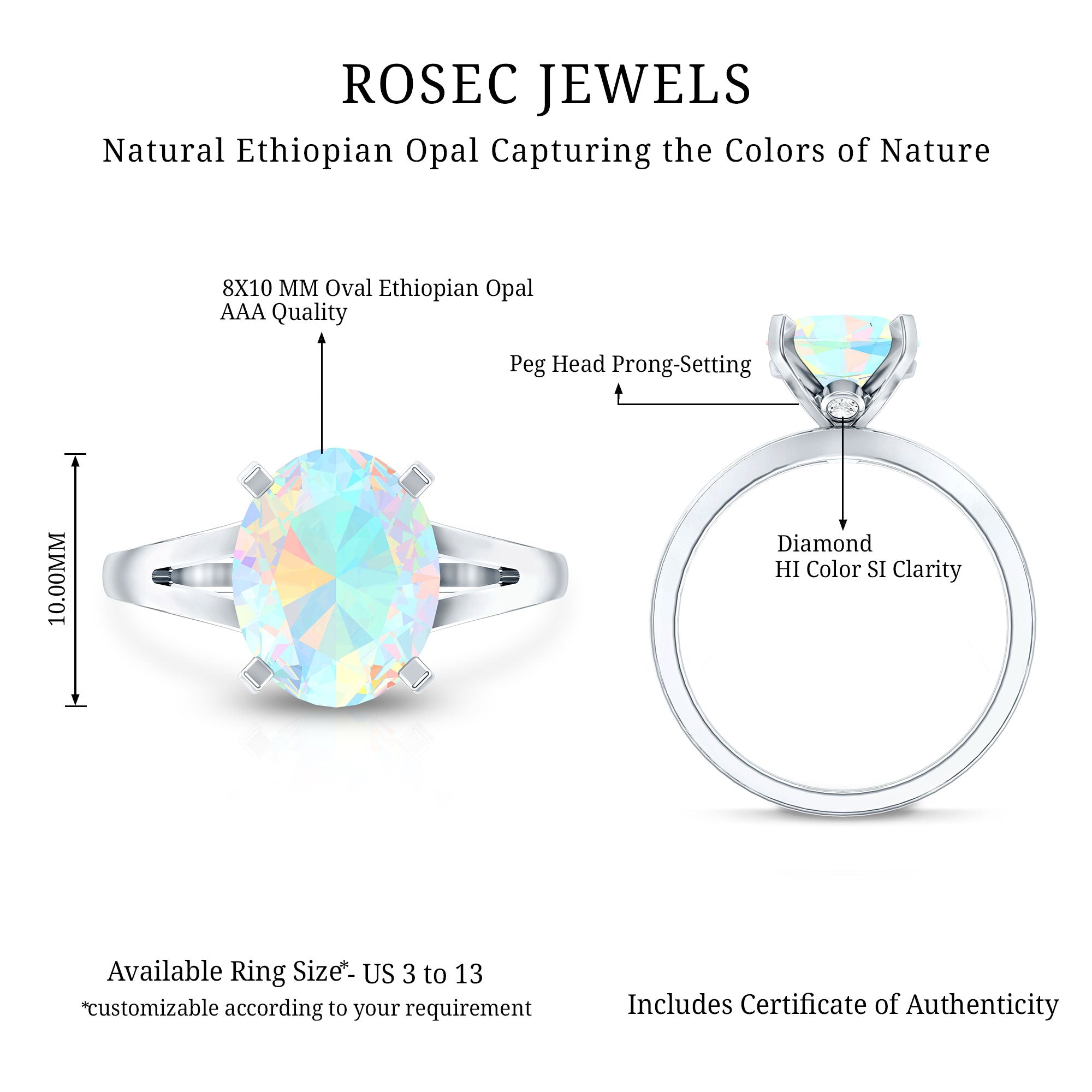Natural 8X10 mm Ethiopian Opal Diamond Oval Engagement Ring with Split Shank AAA - Rosec Jewels