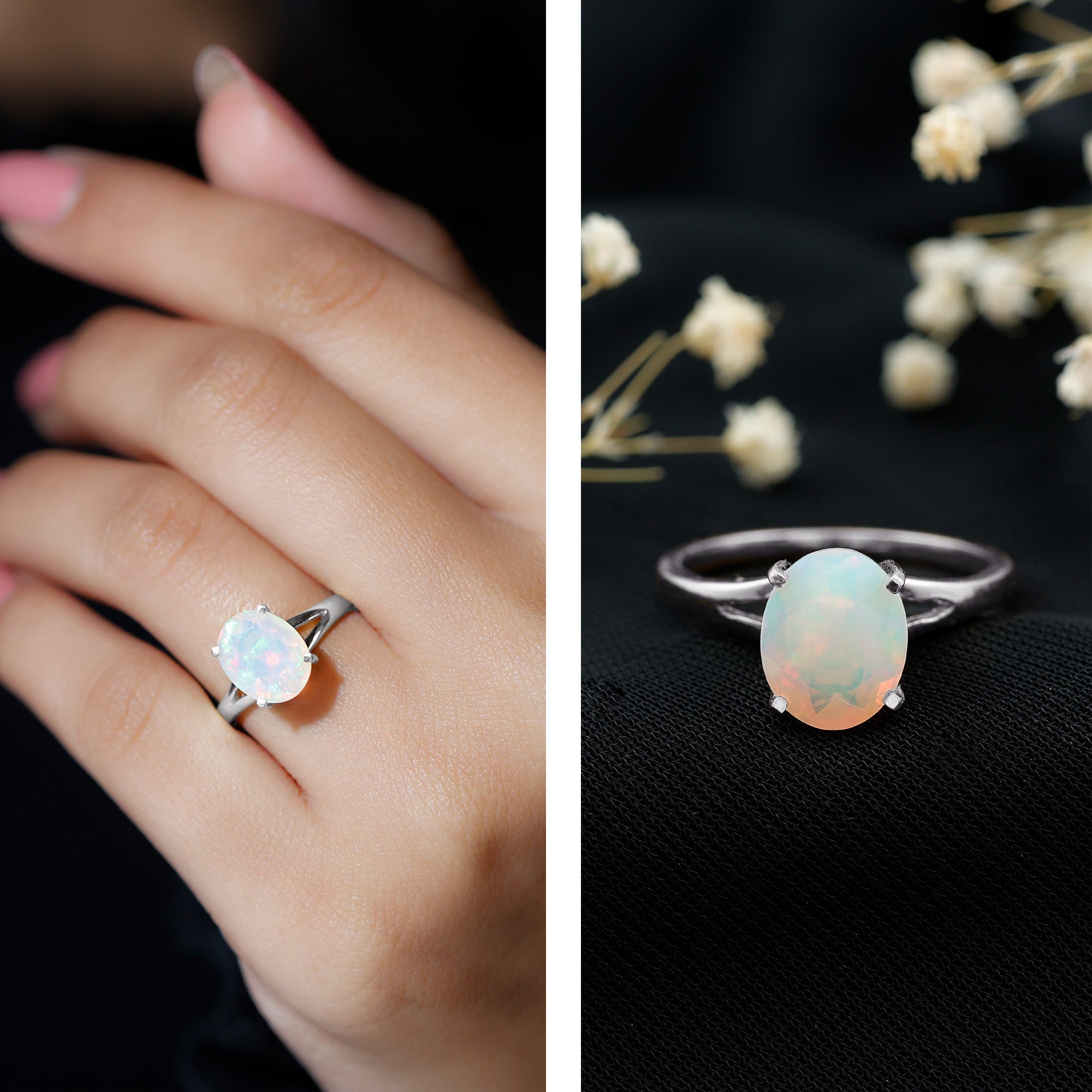 Natural 8X10 mm Ethiopian Opal Diamond Oval Engagement Ring with Split Shank AAA - Rosec Jewels