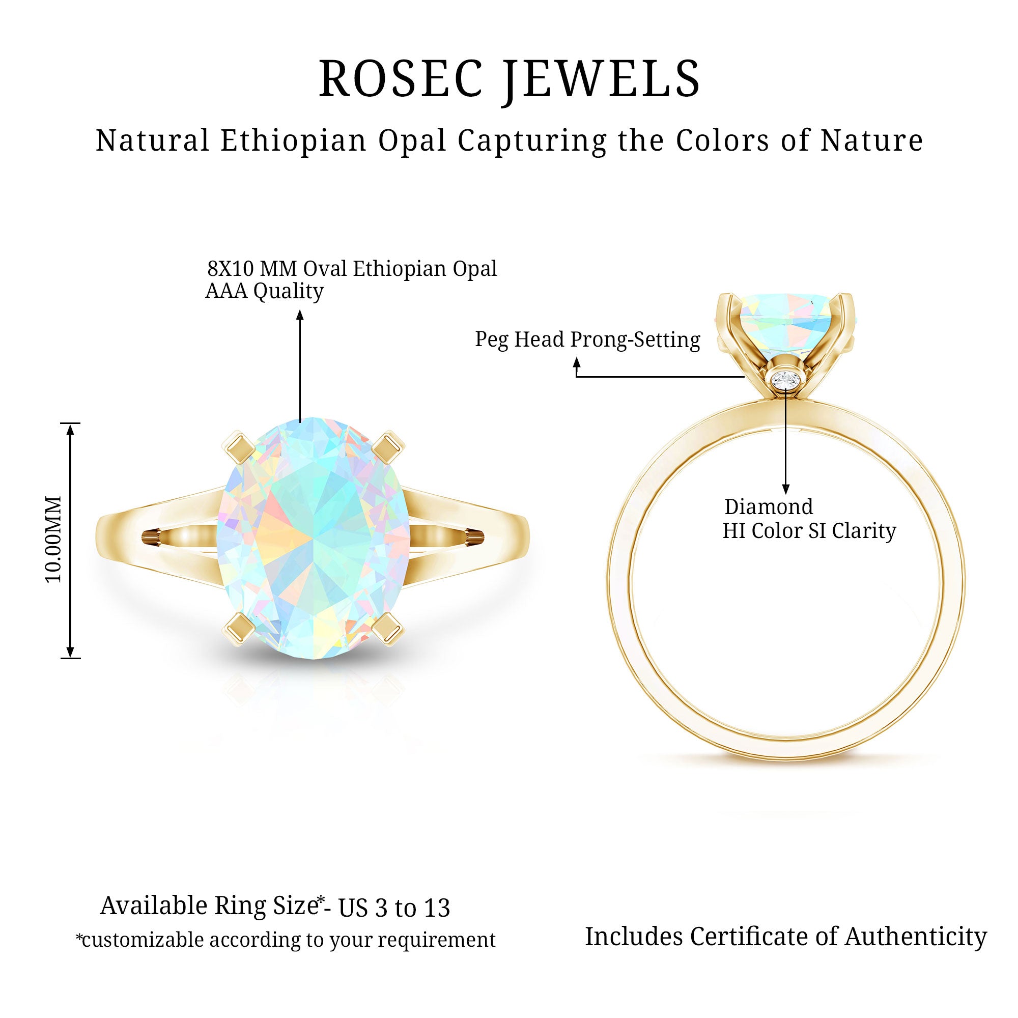 Natural 8X10 mm Ethiopian Opal Diamond Oval Engagement Ring with Split Shank AAA - Rosec Jewels