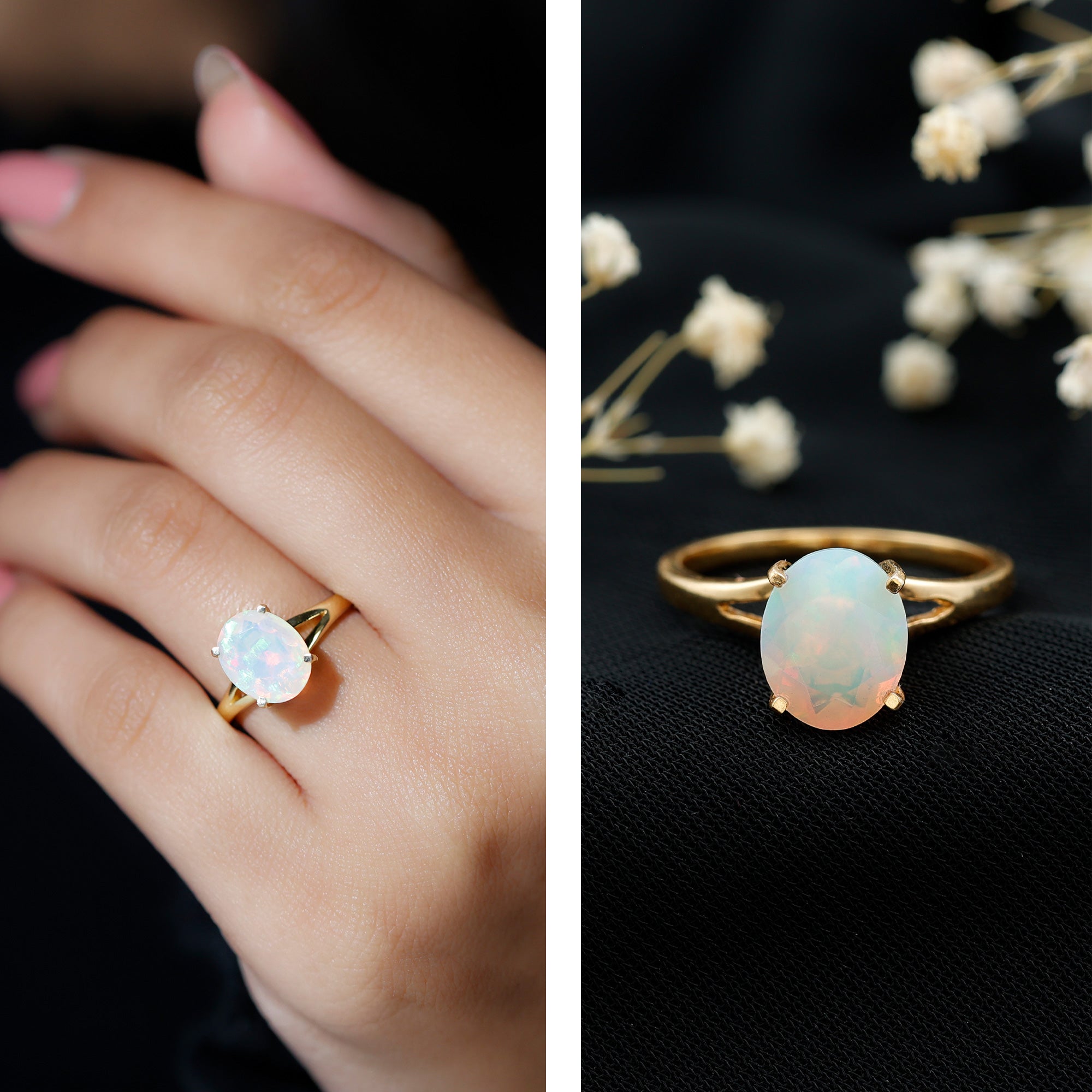 Natural 8X10 mm Ethiopian Opal Diamond Oval Engagement Ring with Split Shank AAA - Rosec Jewels