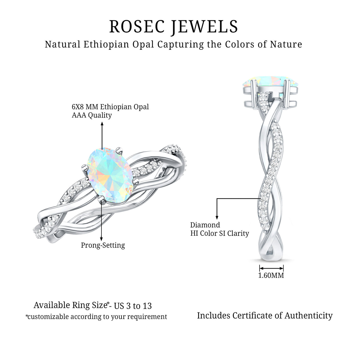 1 Carat Natural Opalescent Oval Engagement Ring with Diamond Braided Shank AAA - Rosec Jewels